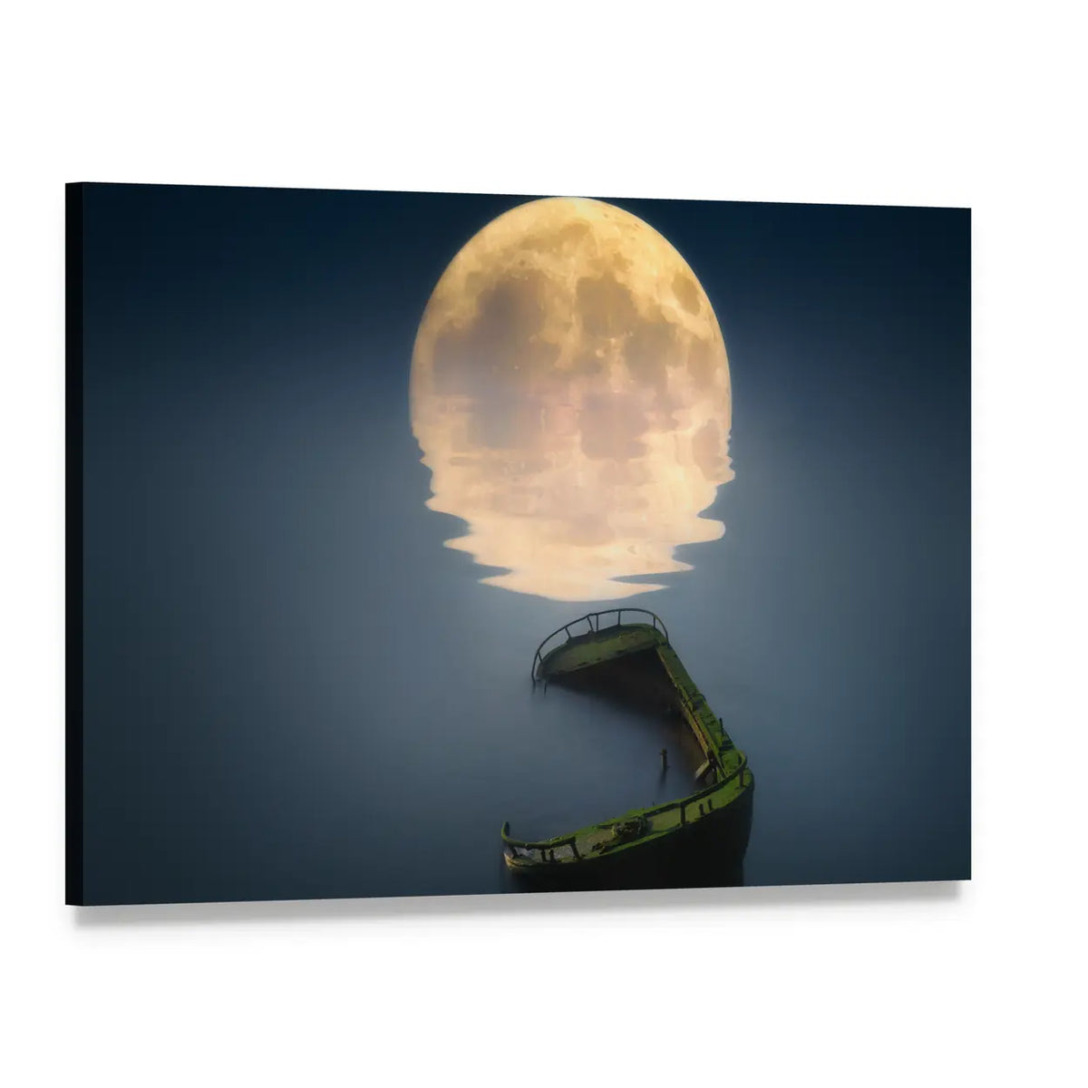 Full Moon Over Broken Ship In Sea Canvas Wall Art, single panel gallery wrapped canvas, angled product view