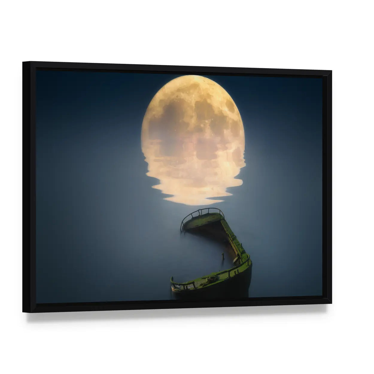 Full Moon Over Broken Ship In Sea Canvas Wall Art, framed canvas in a black floater frame, angled product view