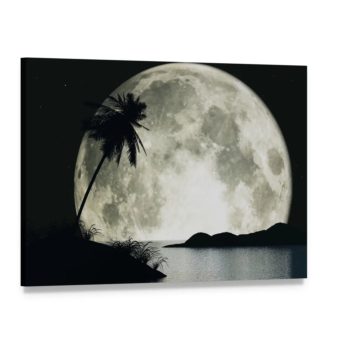 Moonlit Island with Palm Silhouette Canvas Wall Art, single panel gallery wrapped canvas, angled product view
