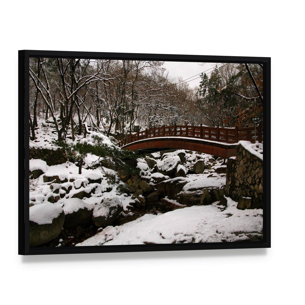 Korean Bridge in Winter Canvas Wall Art, framed canvas in a black floater frame, angled product view