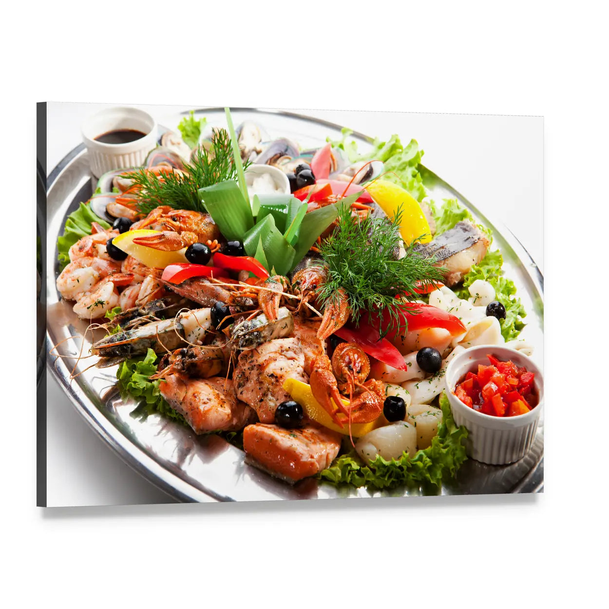 Overhead Seafood Platter with Grilled Fish Canvas Wall Art, single panel gallery wrapped canvas, angled product view