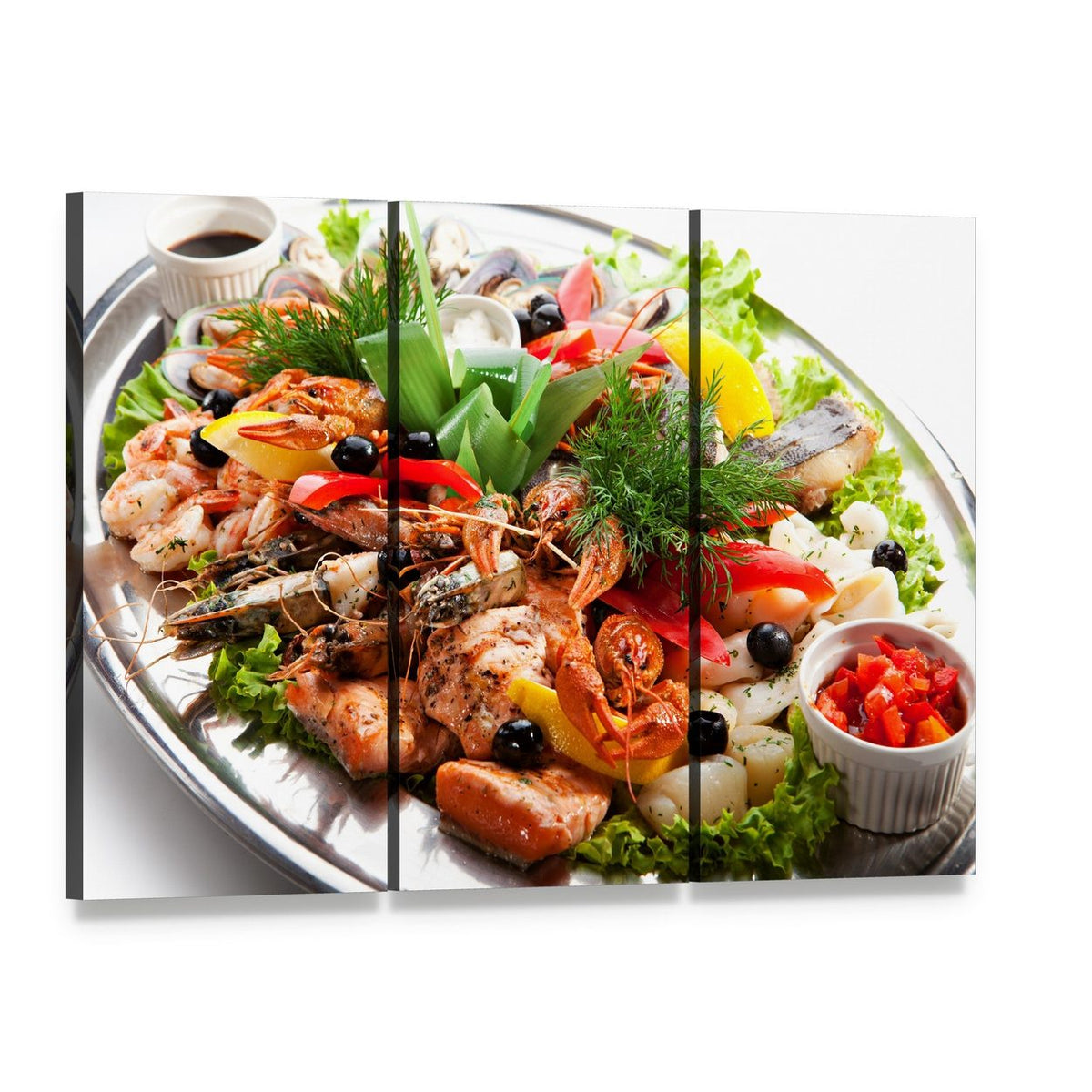 Seafood Platter with Shrimp and Fish Canvas Wall Art, 3 panel 3 Horizontal layout gallery wrapped canvas set, angled product view