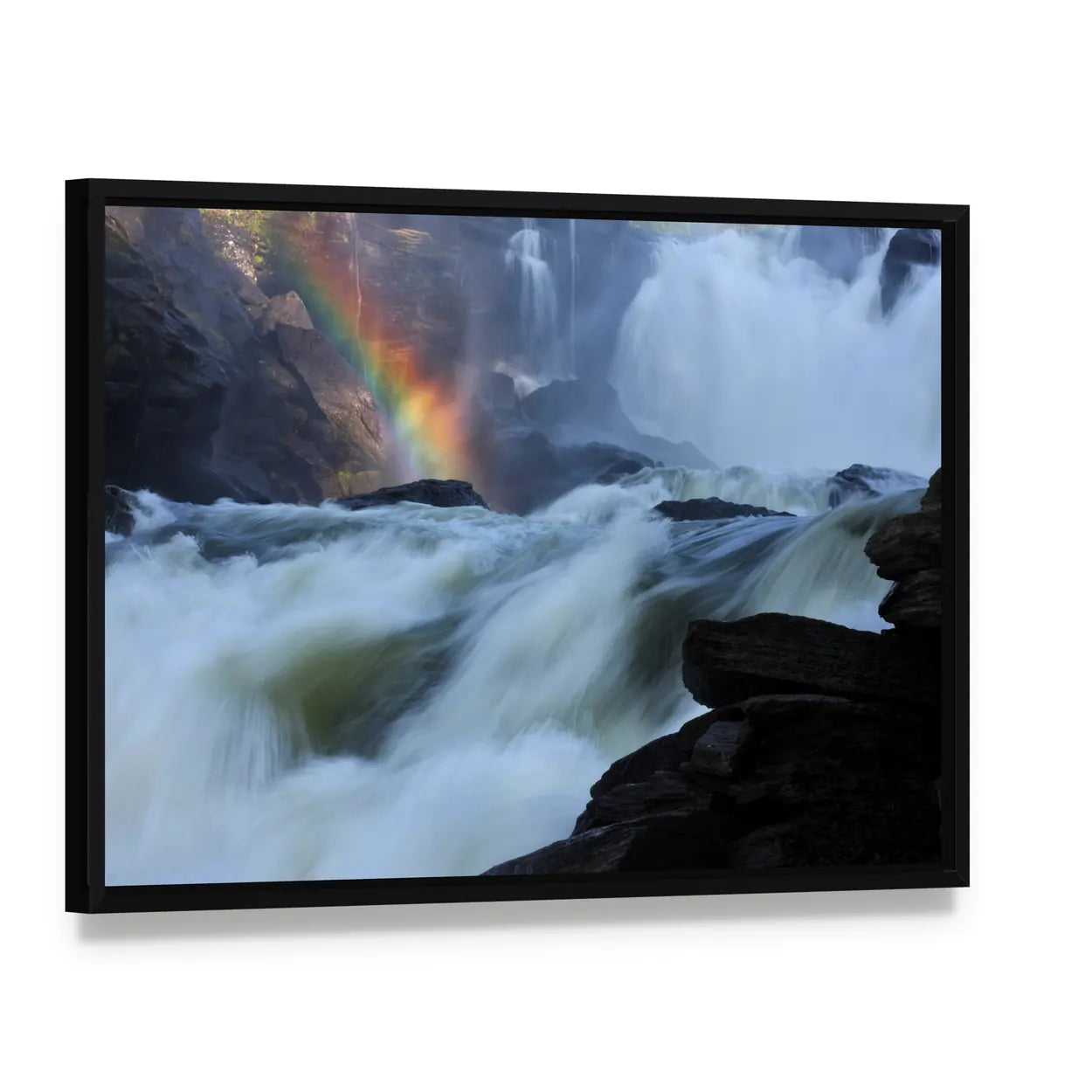 Rainbow River Canvas Wall Art, framed canvas in a black floater frame, angled product view