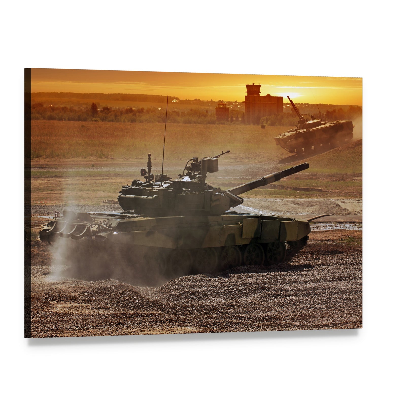 Battle Tanks at Sunset Canvas Wall Art, single panel gallery wrapped canvas, angled product view
