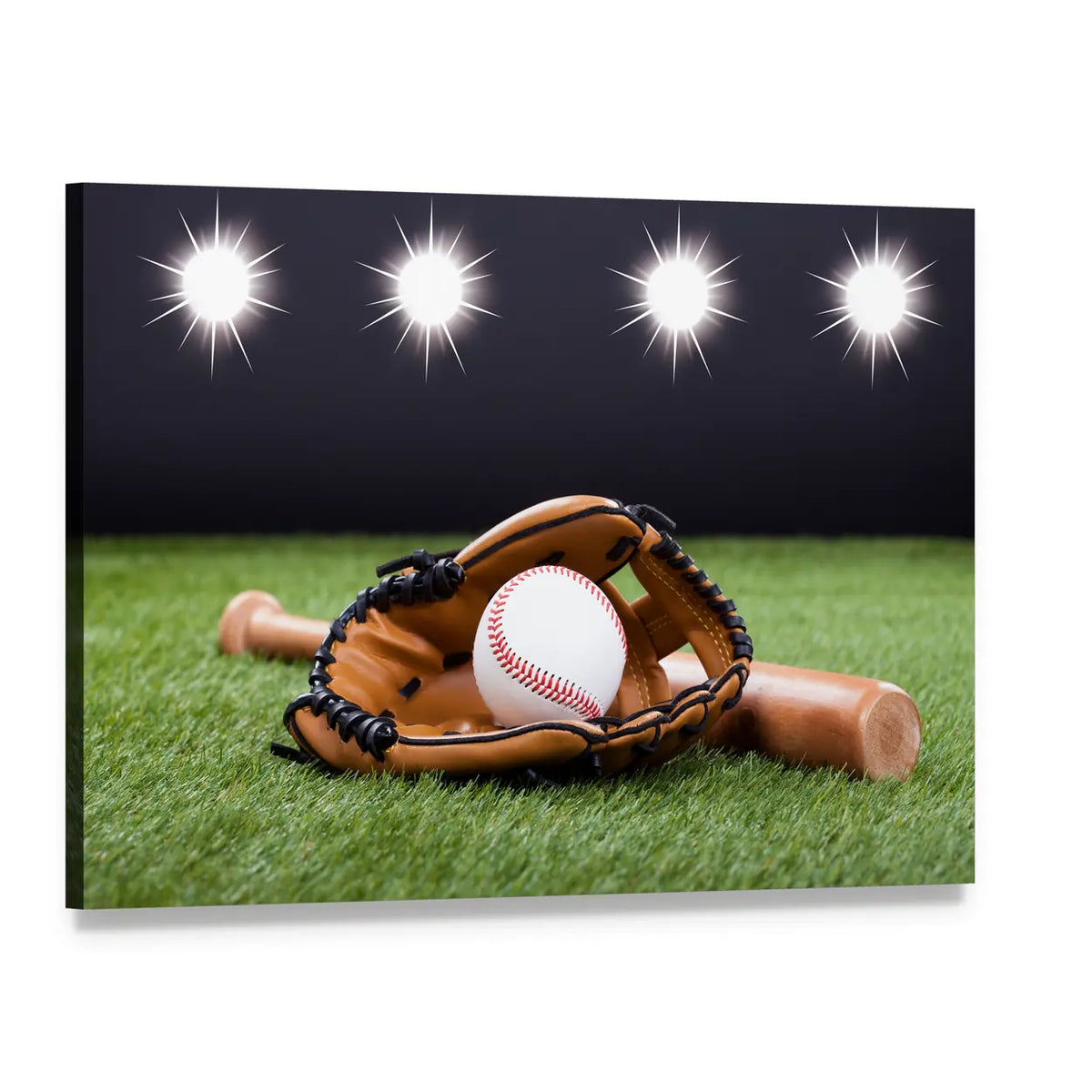 Baseball Glove and Bat Under Stadium Lights Canvas Wall Art, single panel gallery wrapped canvas, angled product view
