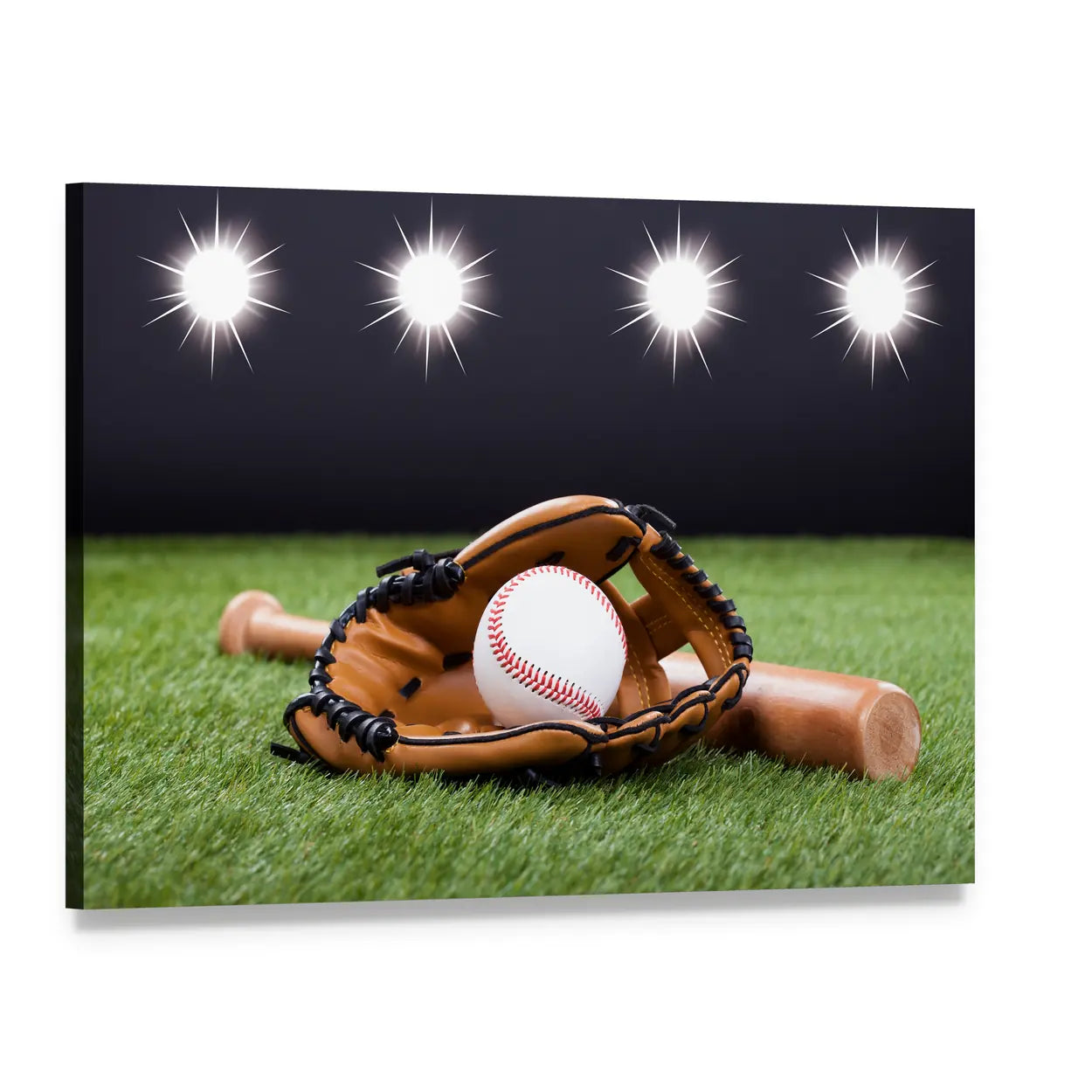 Baseball Glove and Bat Under Stadium Lights Canvas Wall Art, single panel gallery wrapped canvas, angled product view