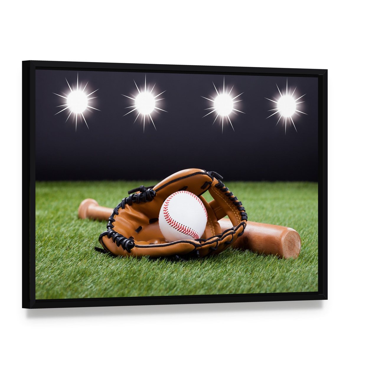Baseball Equipment Canvas Wall Art, framed canvas in a black floater frame, angled product view