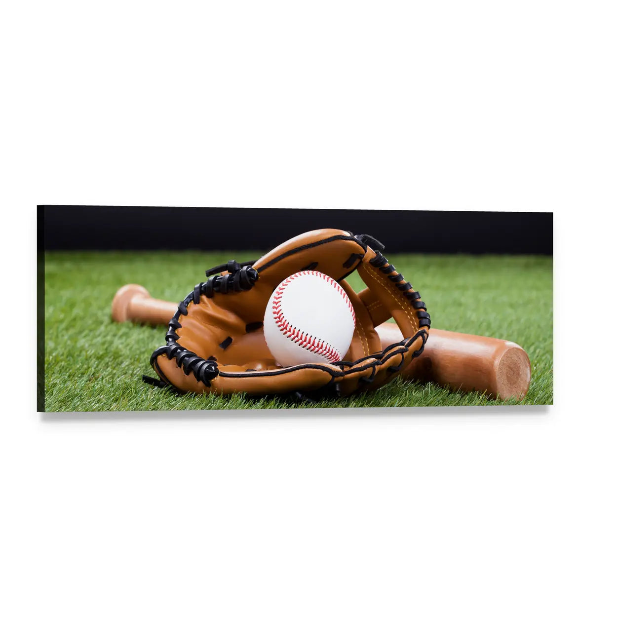 Baseball Glove and Ball on Bat Panoramic Canvas Wall Art, single panel gallery wrapped canvas, angled product view