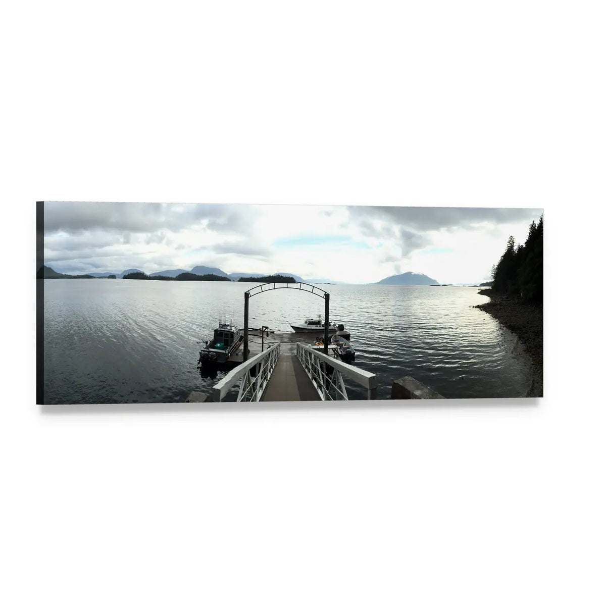 Harbor Pier and Boat Bay Panoramic Canvas Wall Art, single panel gallery wrapped canvas, angled product view