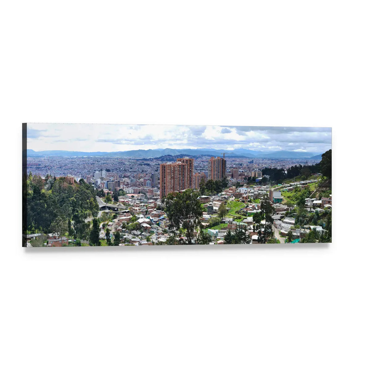 Bogota Urban Landscape Panoramic Canvas Wall Art, single panel gallery wrapped canvas, angled product view
