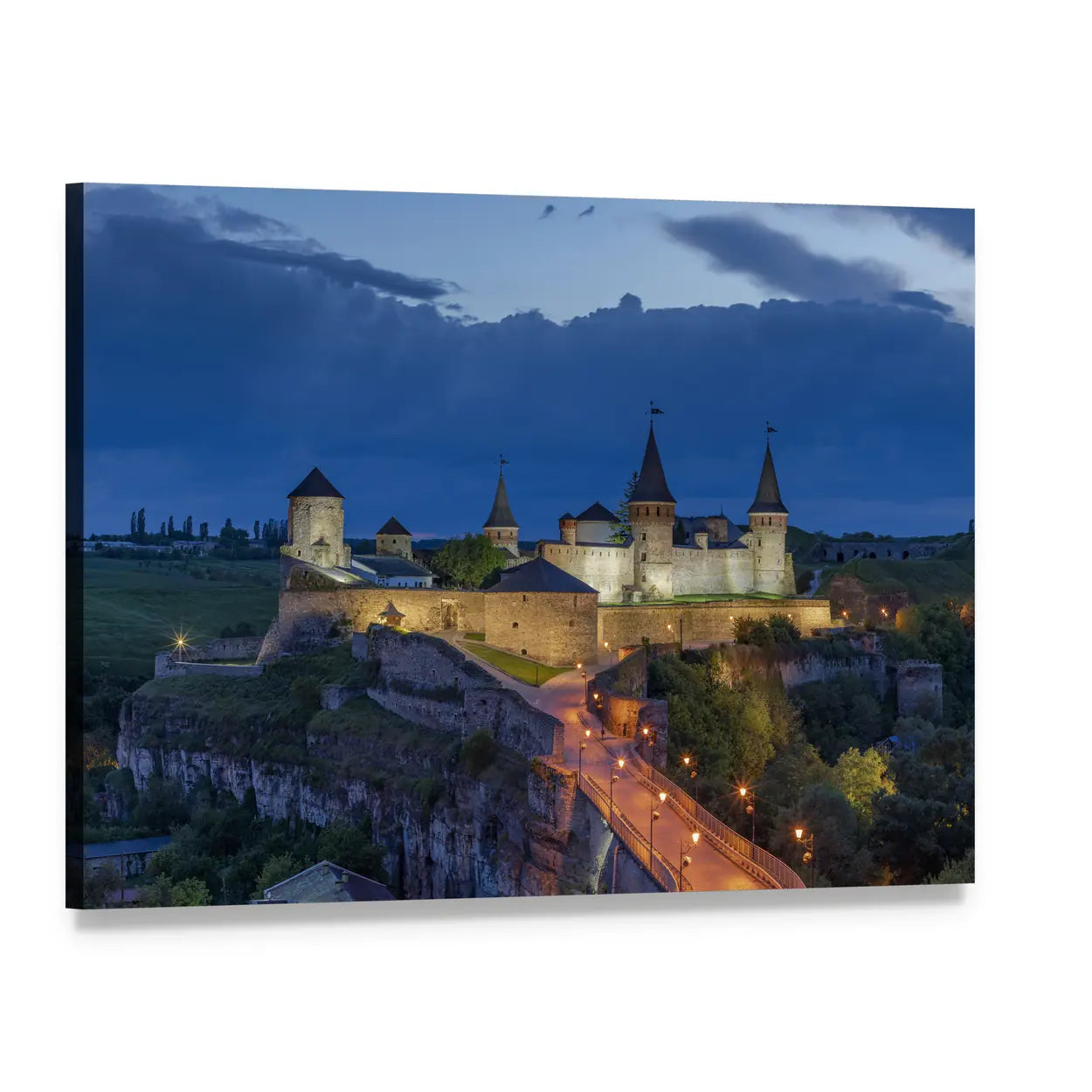 Kamianets Podilskyi Castle At Dusk In Ukraine Canvas Wall Art, single panel gallery wrapped canvas, angled product view