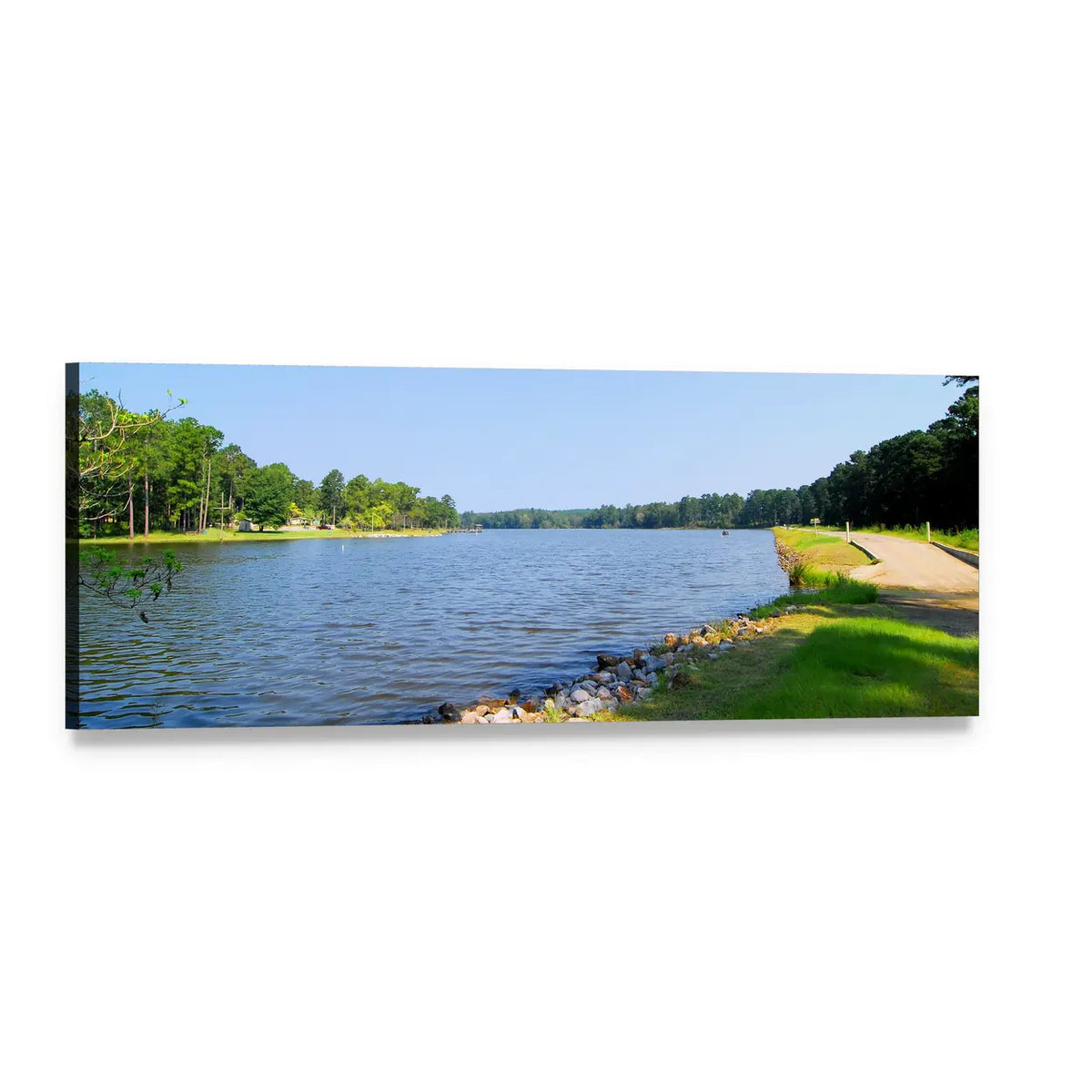 Fishing Lake Summer Landscape Panoramic Canvas Wall Art, single panel gallery wrapped canvas, angled product view