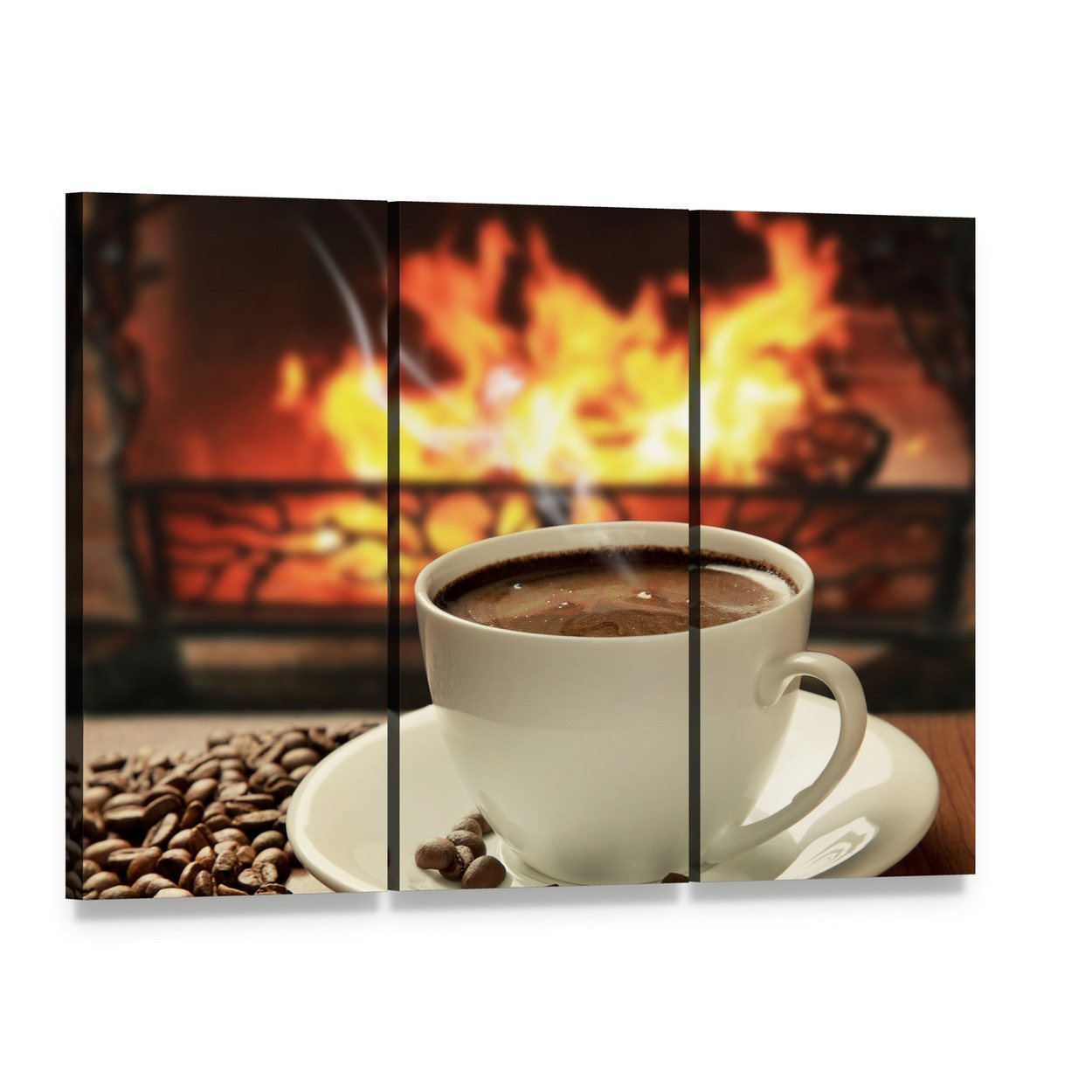 Hot Coffee Near Fireplace Canvas Wall Art, 3 panel 3 Horizontal layout gallery wrapped canvas set, angled product view