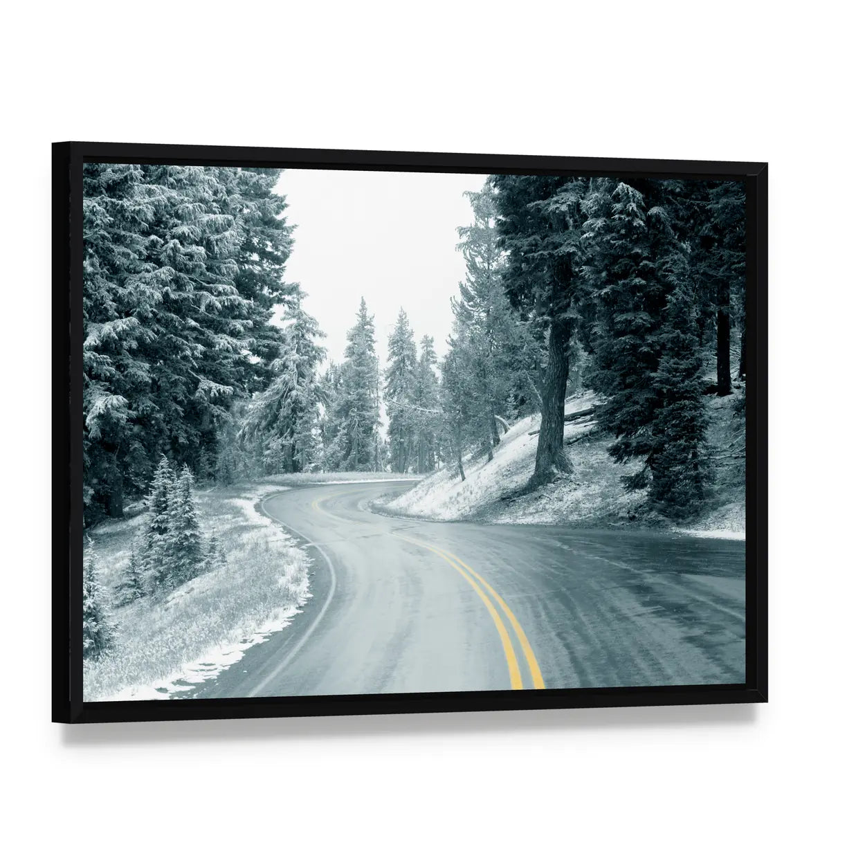 Snow On Mountain Highway In Oregon Canvas Wall Art, framed canvas in a black floater frame, angled product view