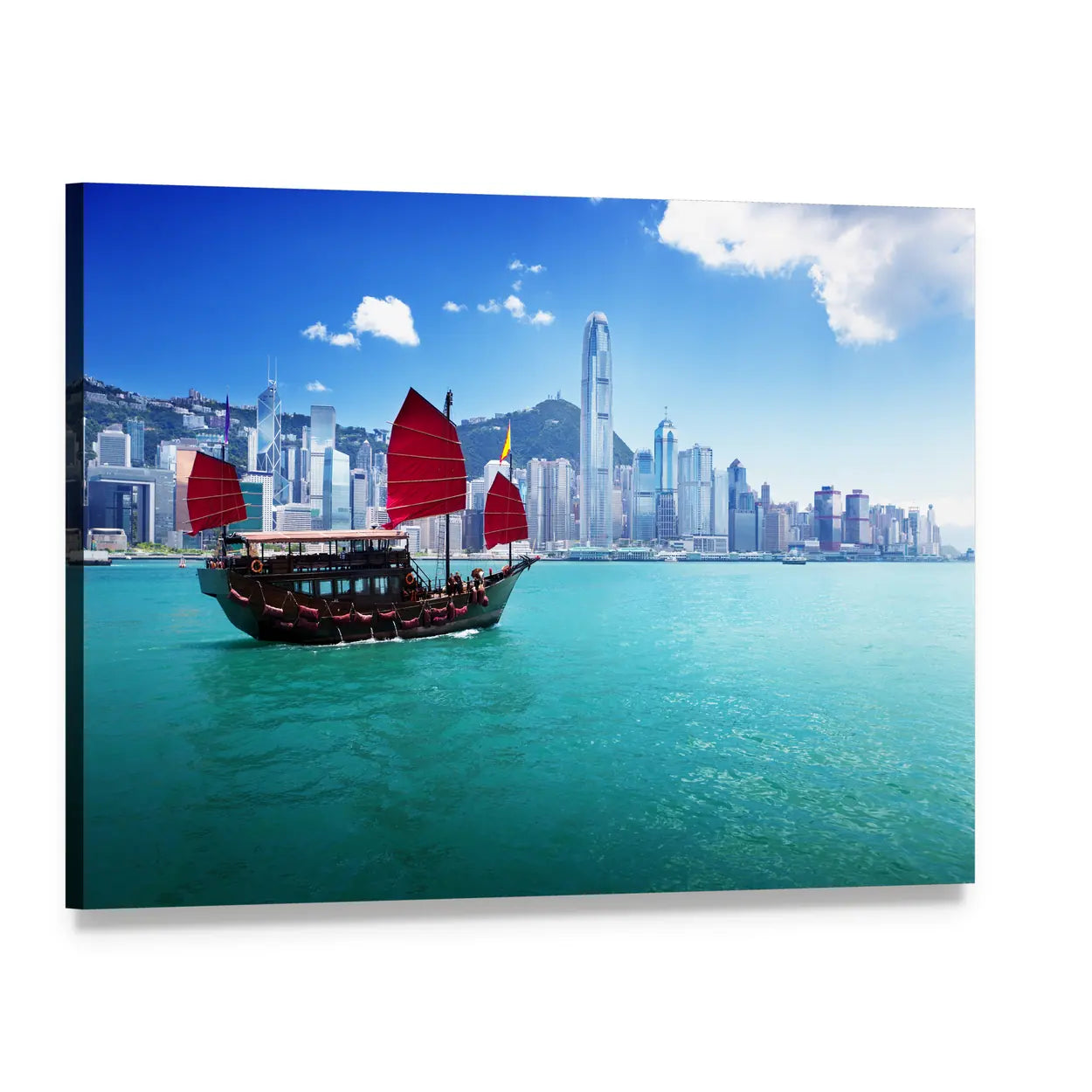 Hong Kong Harbor with Red-sailed Junk Boat Canvas Wall Art, single panel gallery wrapped canvas, angled product view
