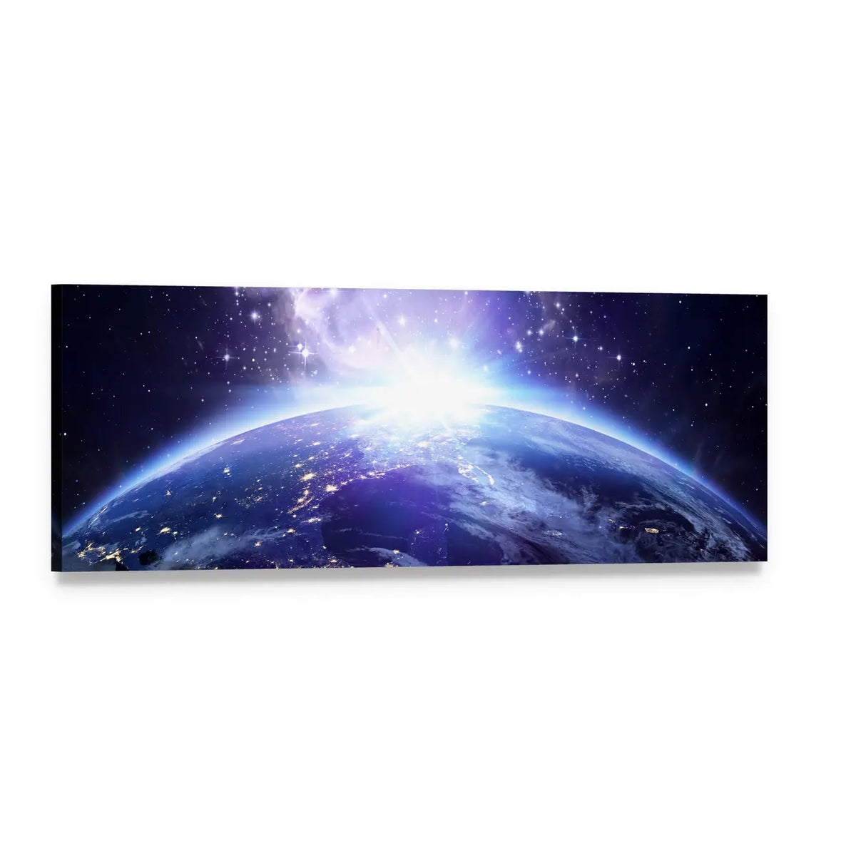 Earth at Sunrise from Space Panoramic Canvas Wall Art, single panel gallery wrapped canvas, angled product view