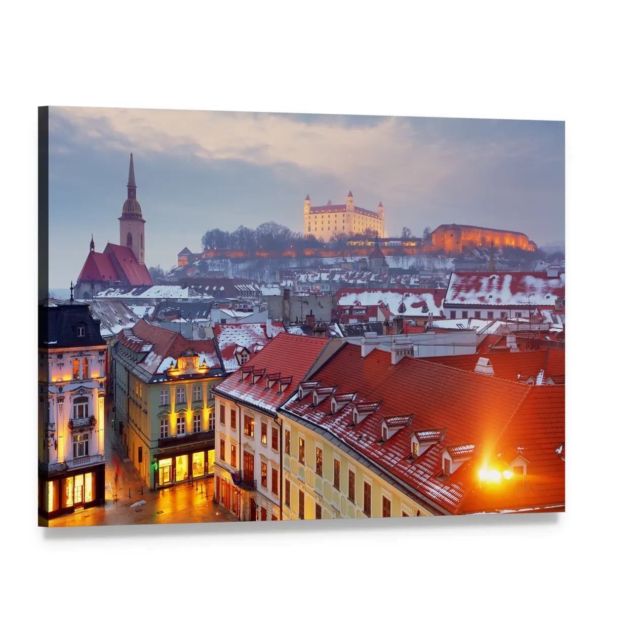 Bratislava Castle Over Old Town Canvas Wall Art, single panel gallery wrapped canvas, angled product view