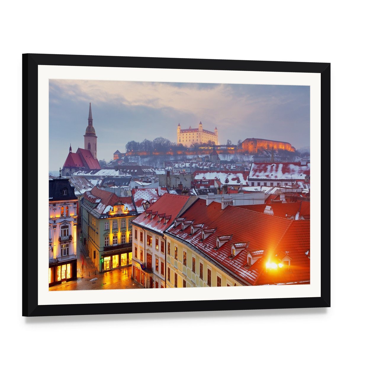 Bratislava Castle Over Snowy Old Town Canvas Wall Art, framed print with white mat and black frame, angled product view