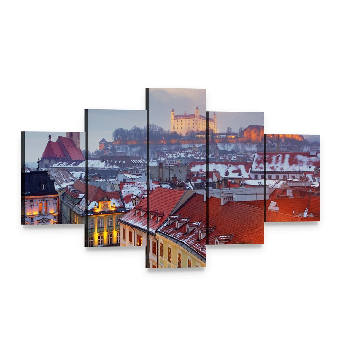 Bratislava Castle Over Snowy Old Town Canvas Wall Art, 5 panel 5 Star layout gallery wrapped canvas set, angled product view