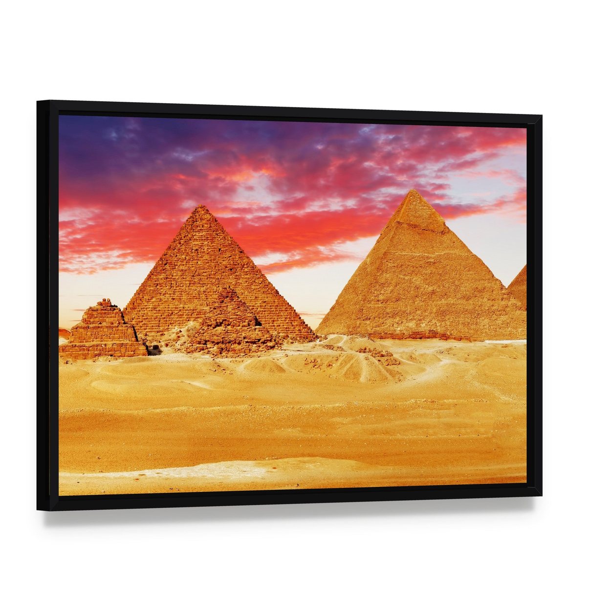 Egyptian Pyramids Canvas Wall Art, framed canvas in a black floater frame, angled product view