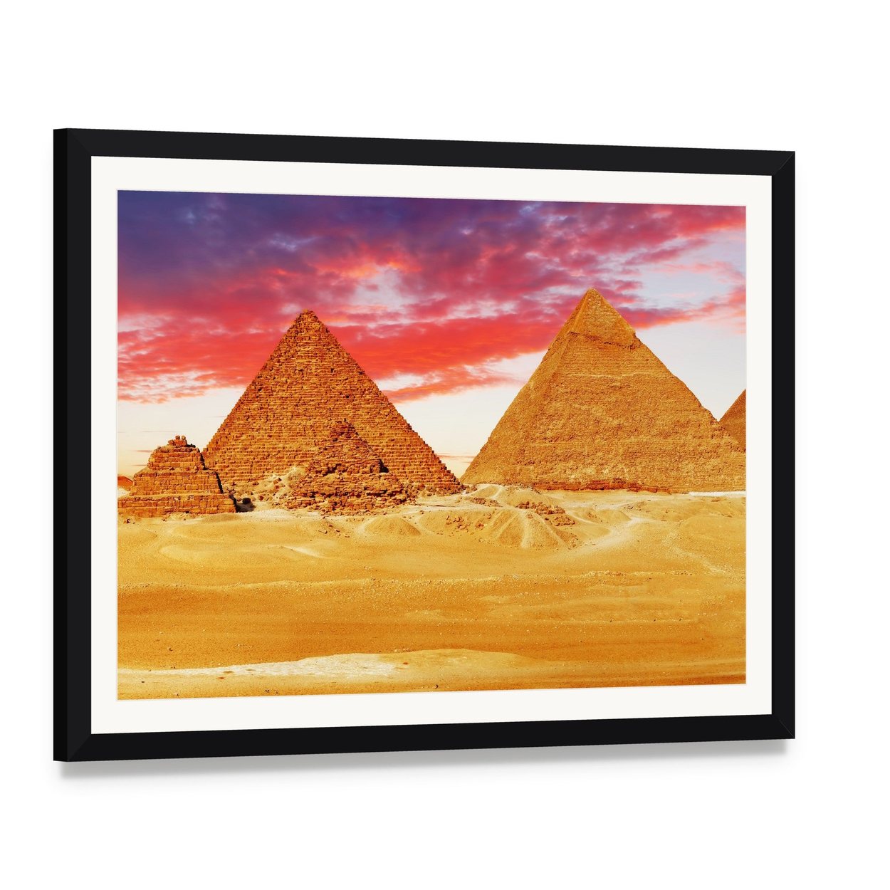 Egyptian Pyramids Canvas Wall Art, framed print with white mat and black frame, angled product view