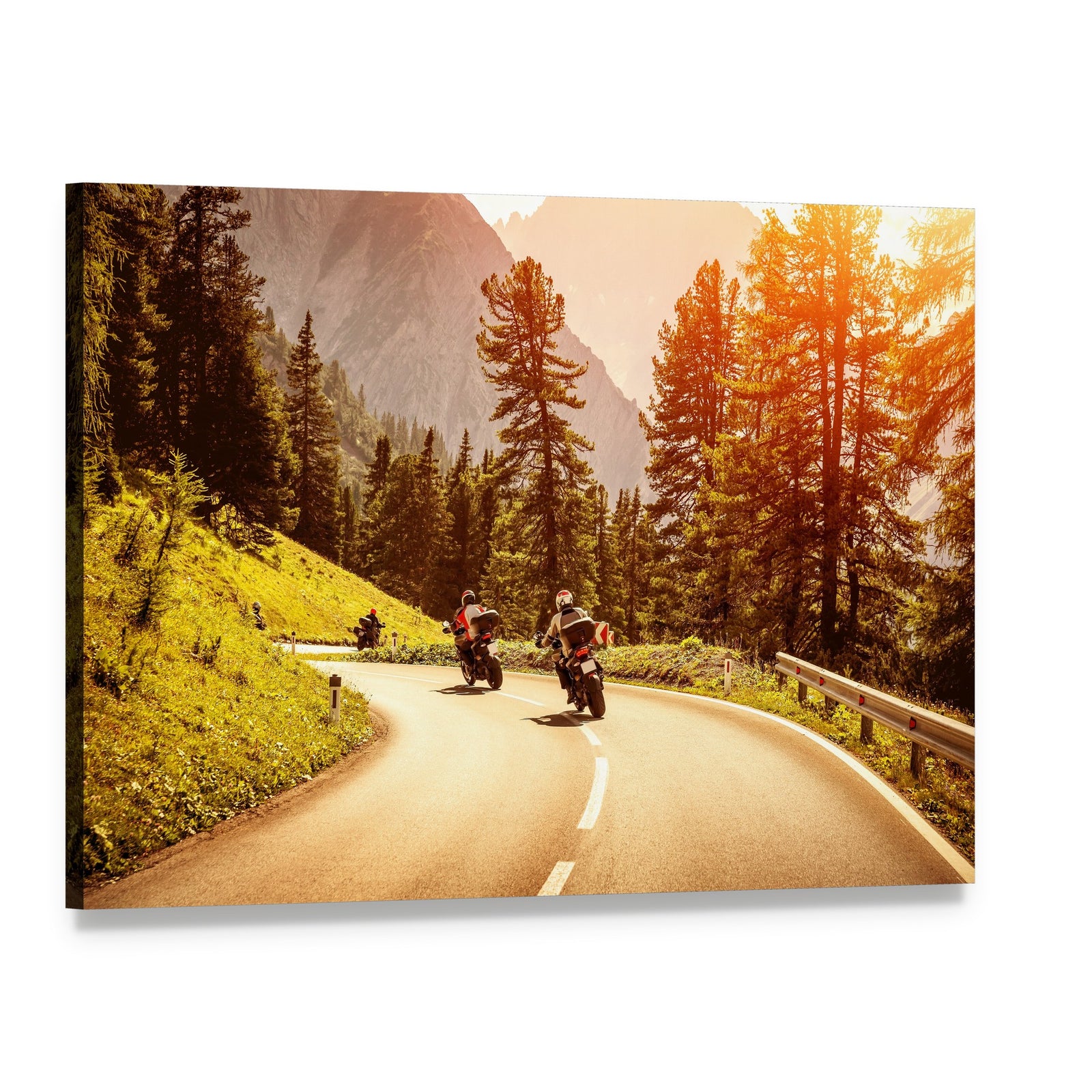 Motorcyclists Riding on a Scenic Road Canvas Wall Art, single panel gallery wrapped canvas, angled product view
