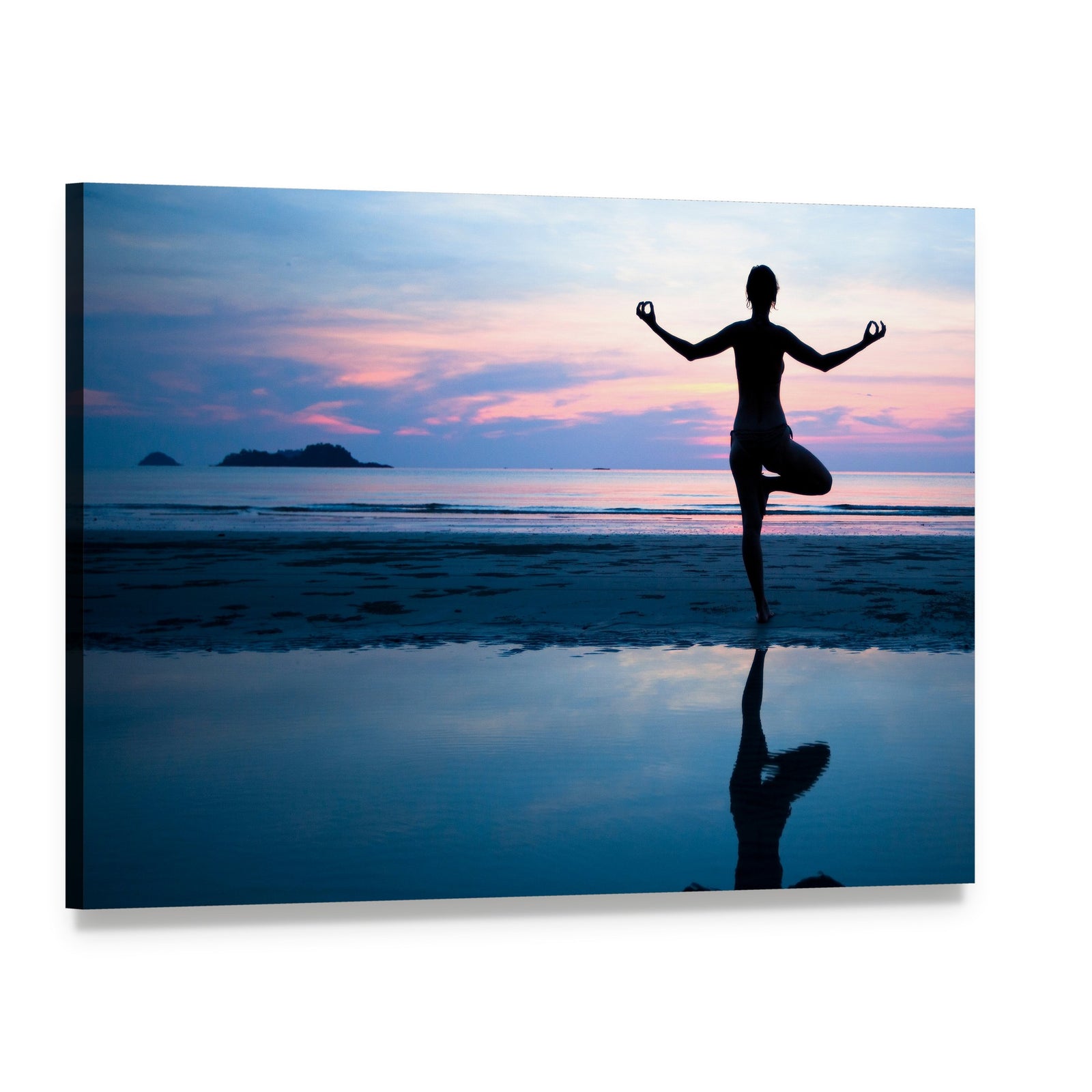 Woman Practicing Yoga on the Beach After Sunset Canvas Wall Art, single panel gallery wrapped canvas, angled product view