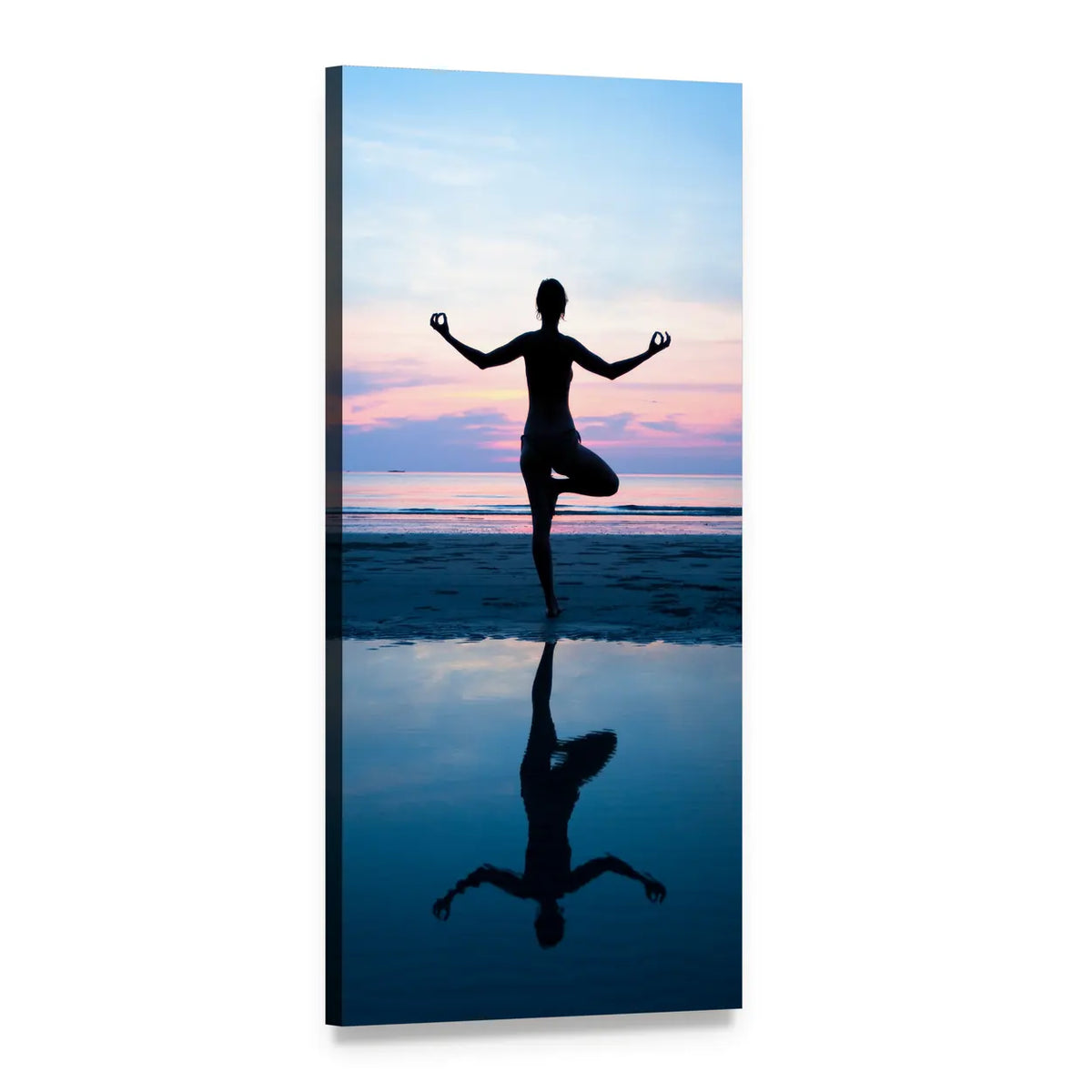 Woman in Tree Pose on Beach Vertical Canvas Wall Art, 1 panel 1 Vertical layout gallery wrapped canvas set, angled product view