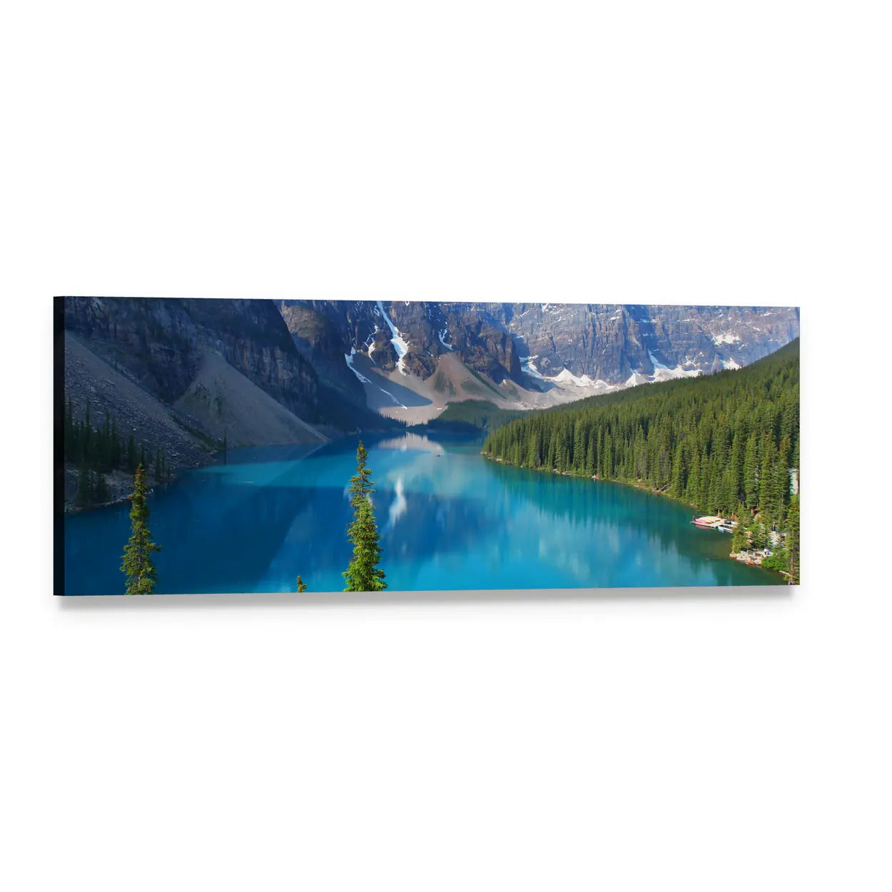 Moraine Lake in the Canadian Rockies Panoramic Canvas Wall Art, single panel gallery wrapped canvas, angled product view