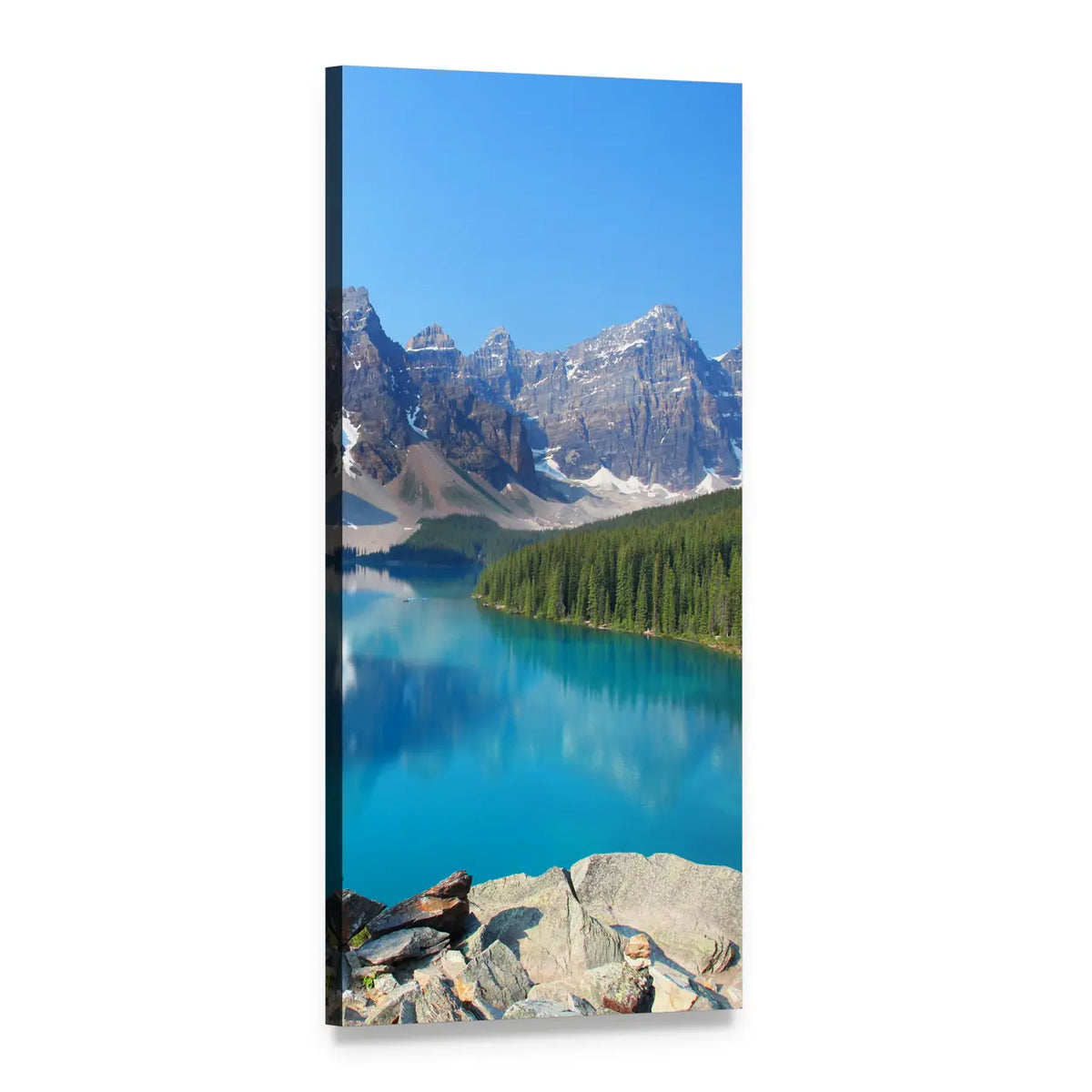 Moraine Lake in the Canadian Rockies Vertical Canvas Wall Art, 1 panel 1 Vertical layout gallery wrapped canvas set, angled product view