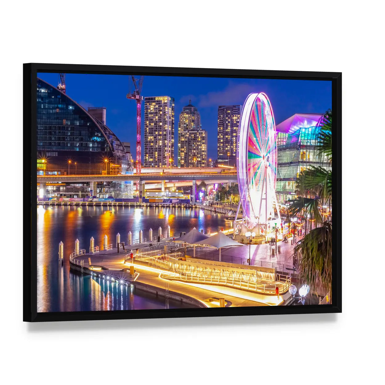 Sydney Harbour Skyline Canvas Wall Art, framed canvas in a black floater frame, angled product view