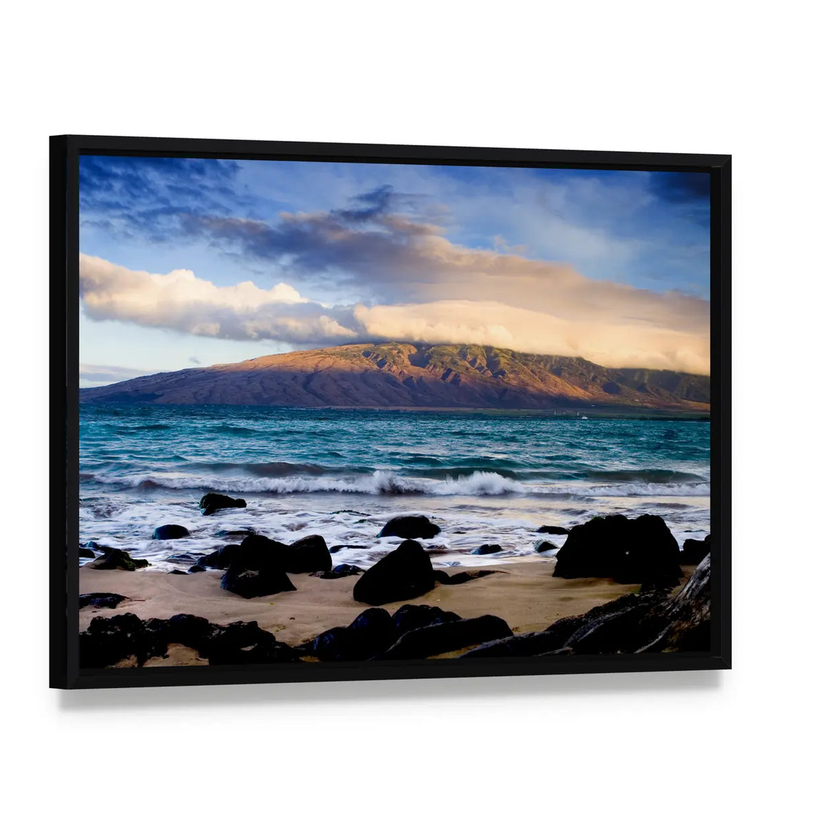 Oahu Coastline with Volcanic Rocks Canvas Wall Art, framed canvas in a black floater frame, angled product view
