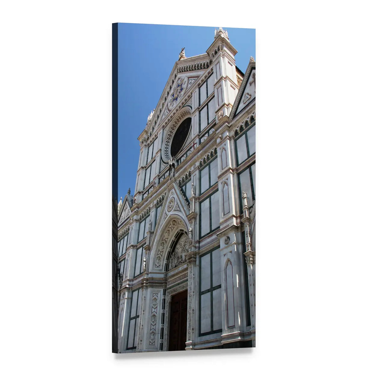 White Marble Gothic Facade with Rose Window Vertical Canvas Wall Art, 1 panel 1 Vertical layout gallery wrapped canvas set, angled product view