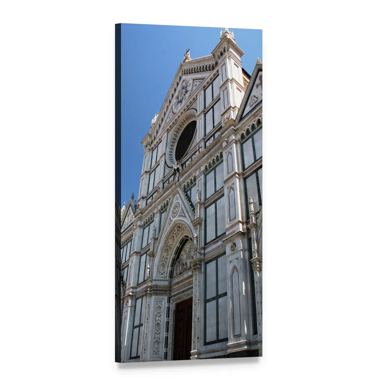 White Marble Gothic Facade with Rose Window Vertical Canvas Wall Art, 1 panel 1 Vertical layout gallery wrapped canvas set, angled product view