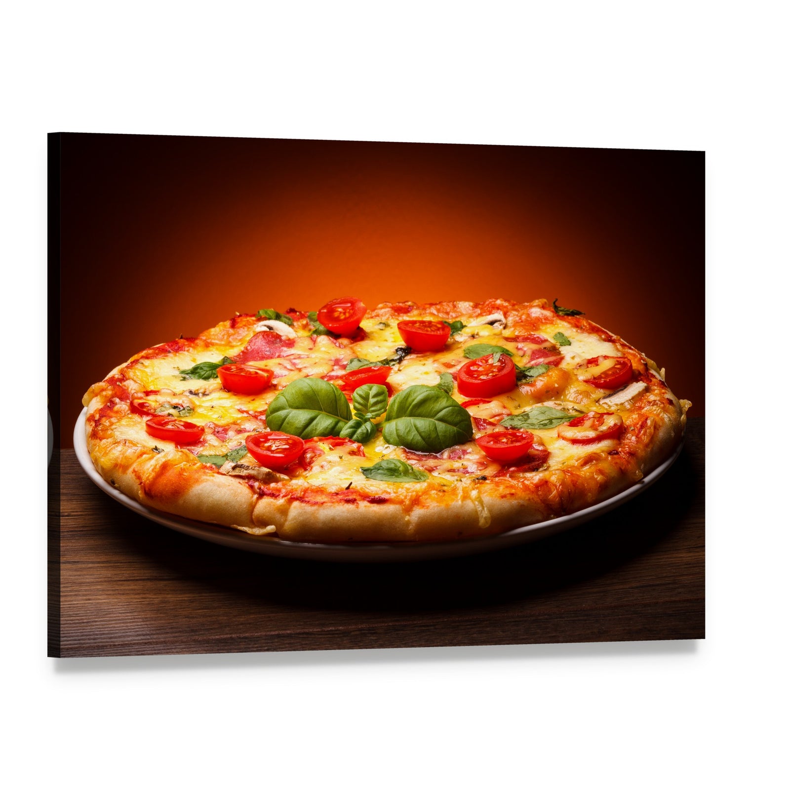 Top-down Pizza with Cherry Tomatoes Canvas Wall Art, single panel gallery wrapped canvas, angled product view