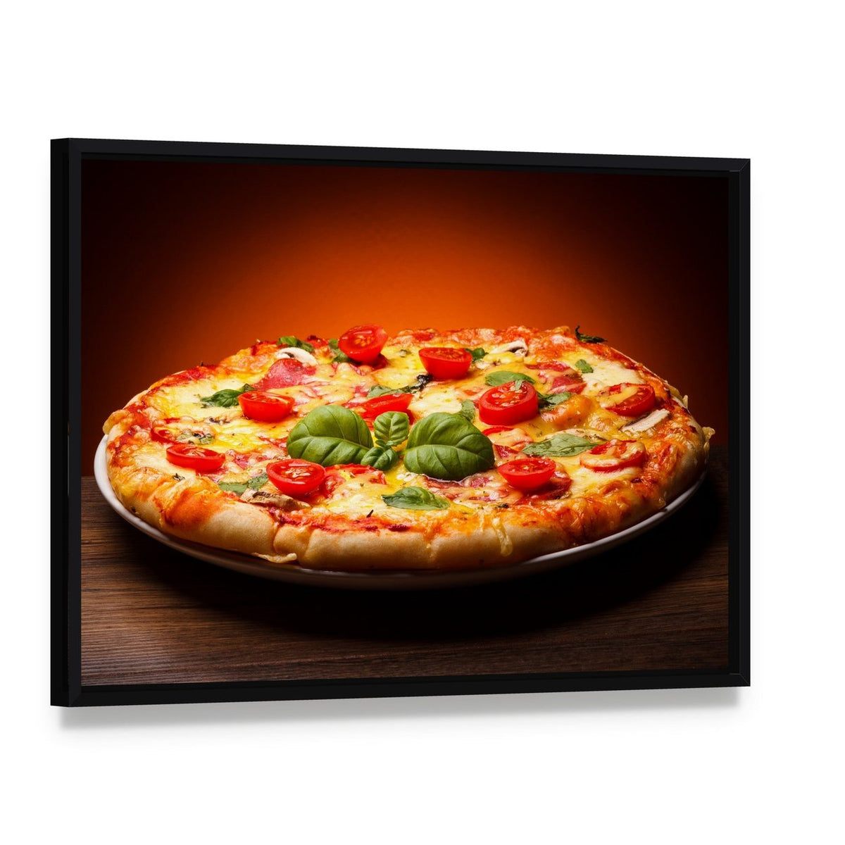 Top-down Pizza with Cherry Tomatoes Canvas Wall Art, framed canvas in a black floater frame, angled product view