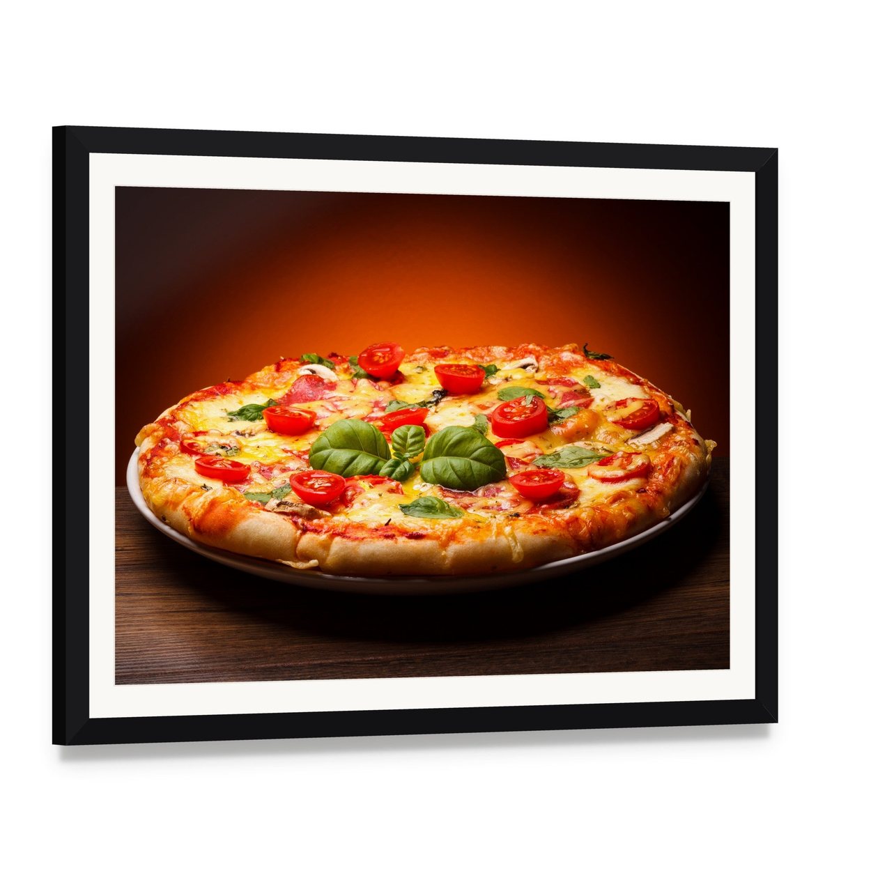 Top-down Pizza with Cherry Tomatoes Canvas Wall Art, framed print with white mat and black frame, angled product view