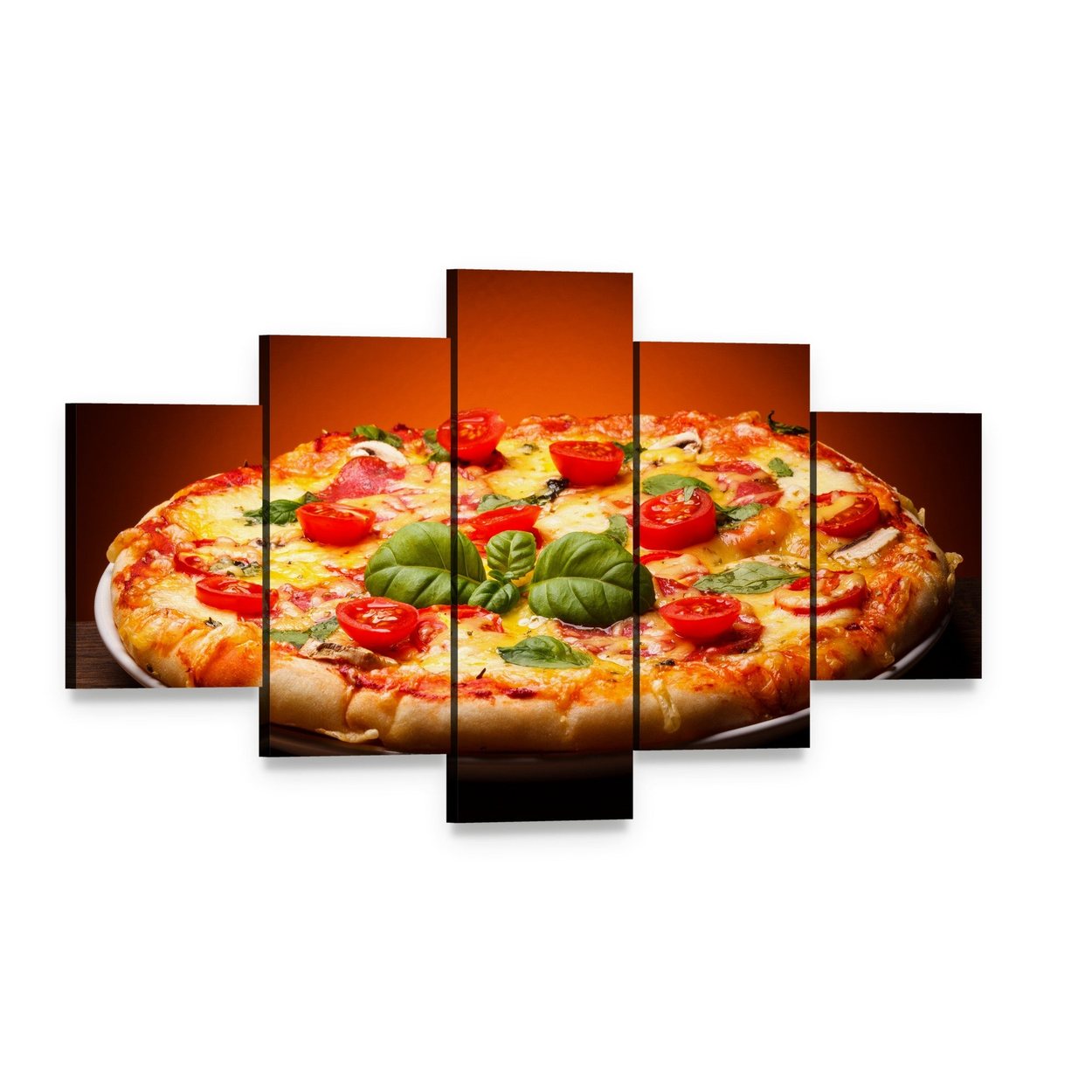 Top-down Pizza with Cherry Tomatoes Canvas Wall Art, 5 panel 5 Star layout gallery wrapped canvas set, angled product view