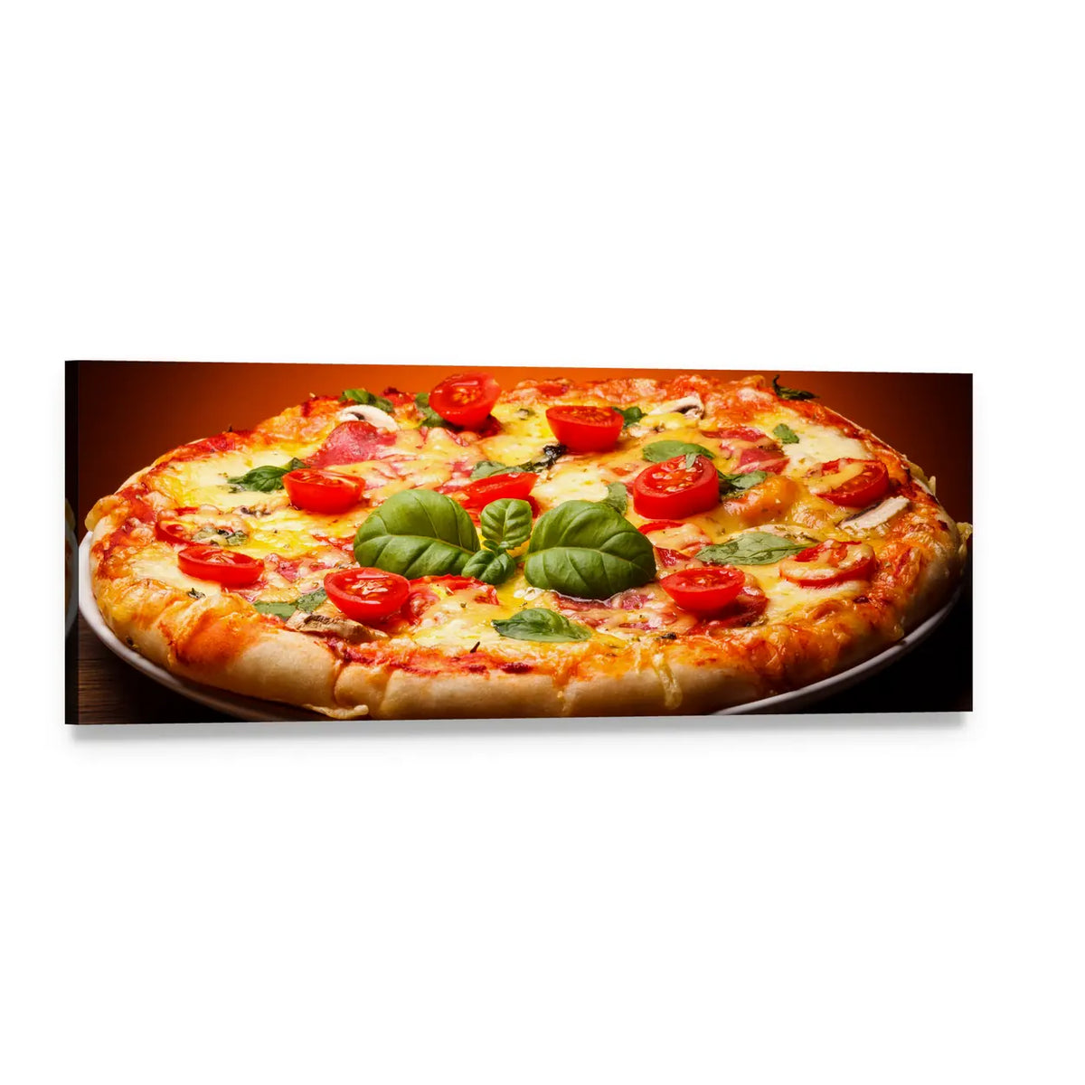 Pizza with Cherry Tomatoes and Basil Panoramic Canvas Wall Art, single panel gallery wrapped canvas, angled product view