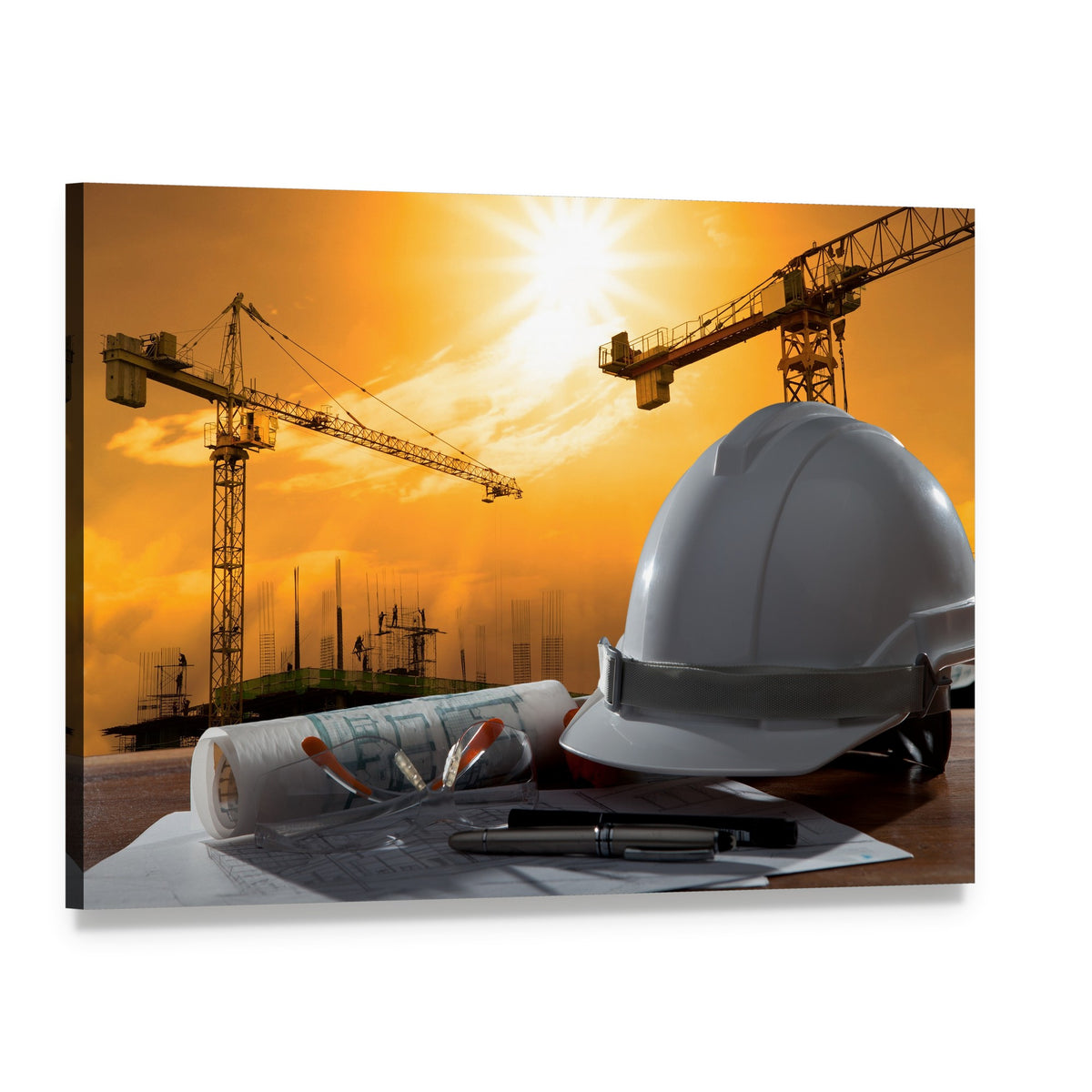 White Hard Hat with Blueprints Canvas Wall Art, single panel gallery wrapped canvas, angled product view