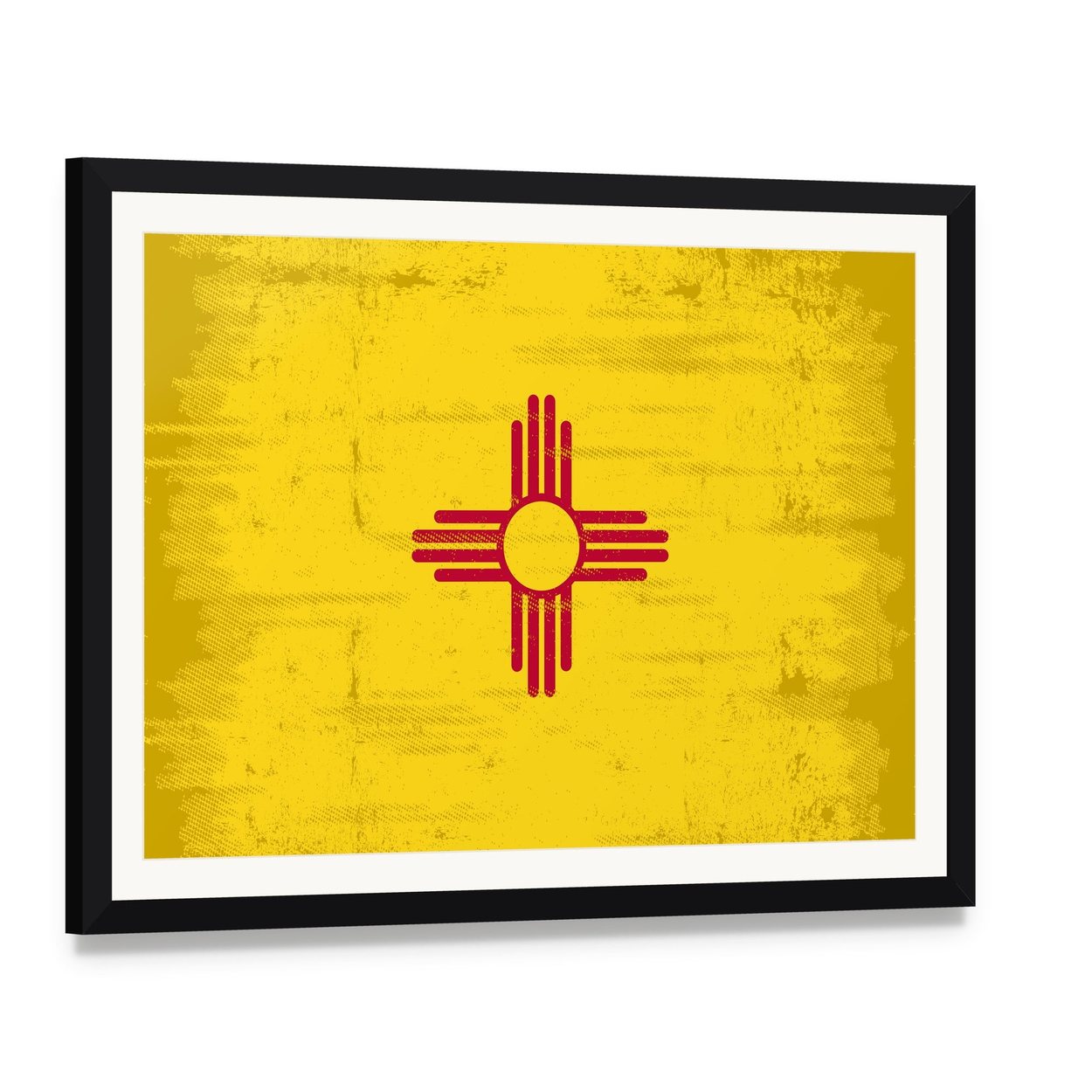 New Mexico State Flag Canvas Wall Art, framed print with white mat and black frame, angled product view