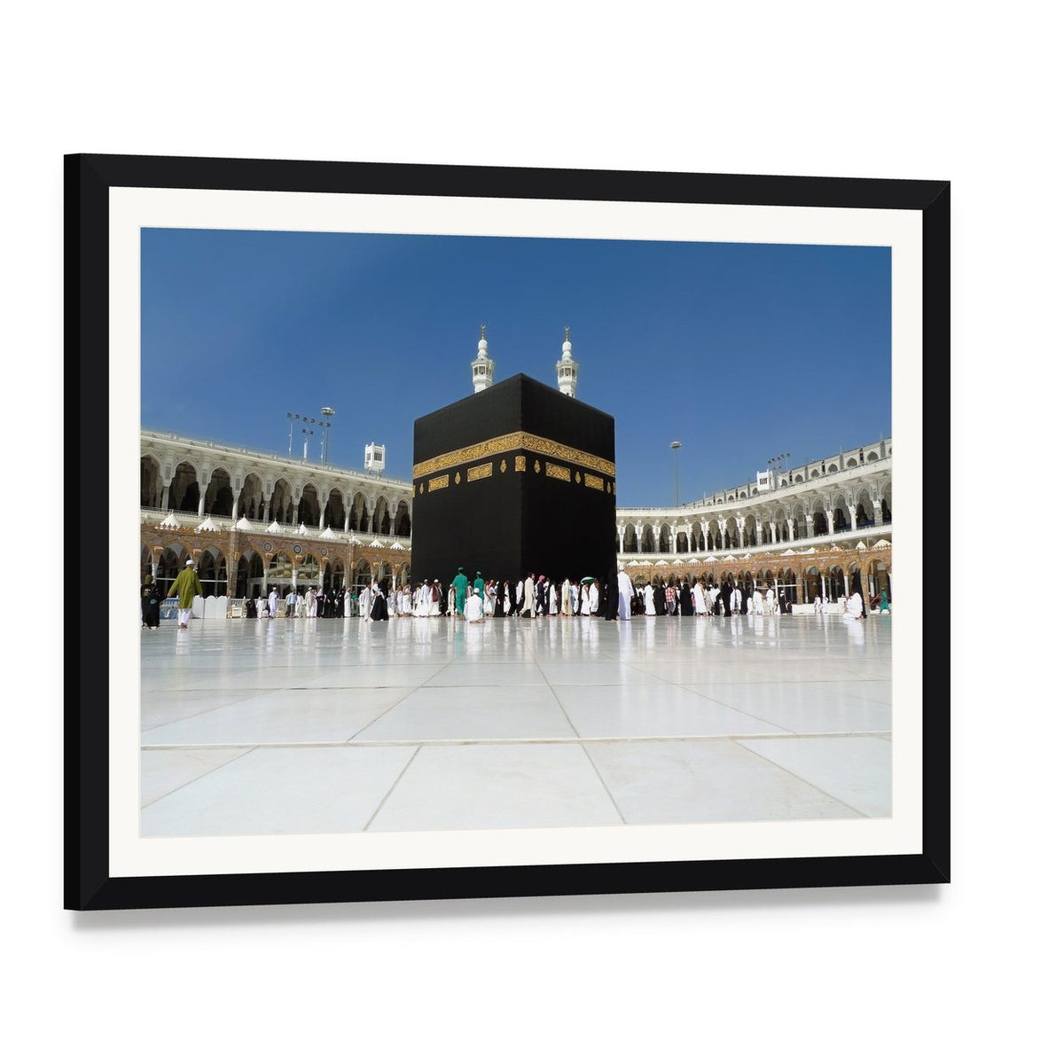 Kaaba at Masjid Al-haram Canvas Wall Art, framed print with white mat and black frame, angled product view