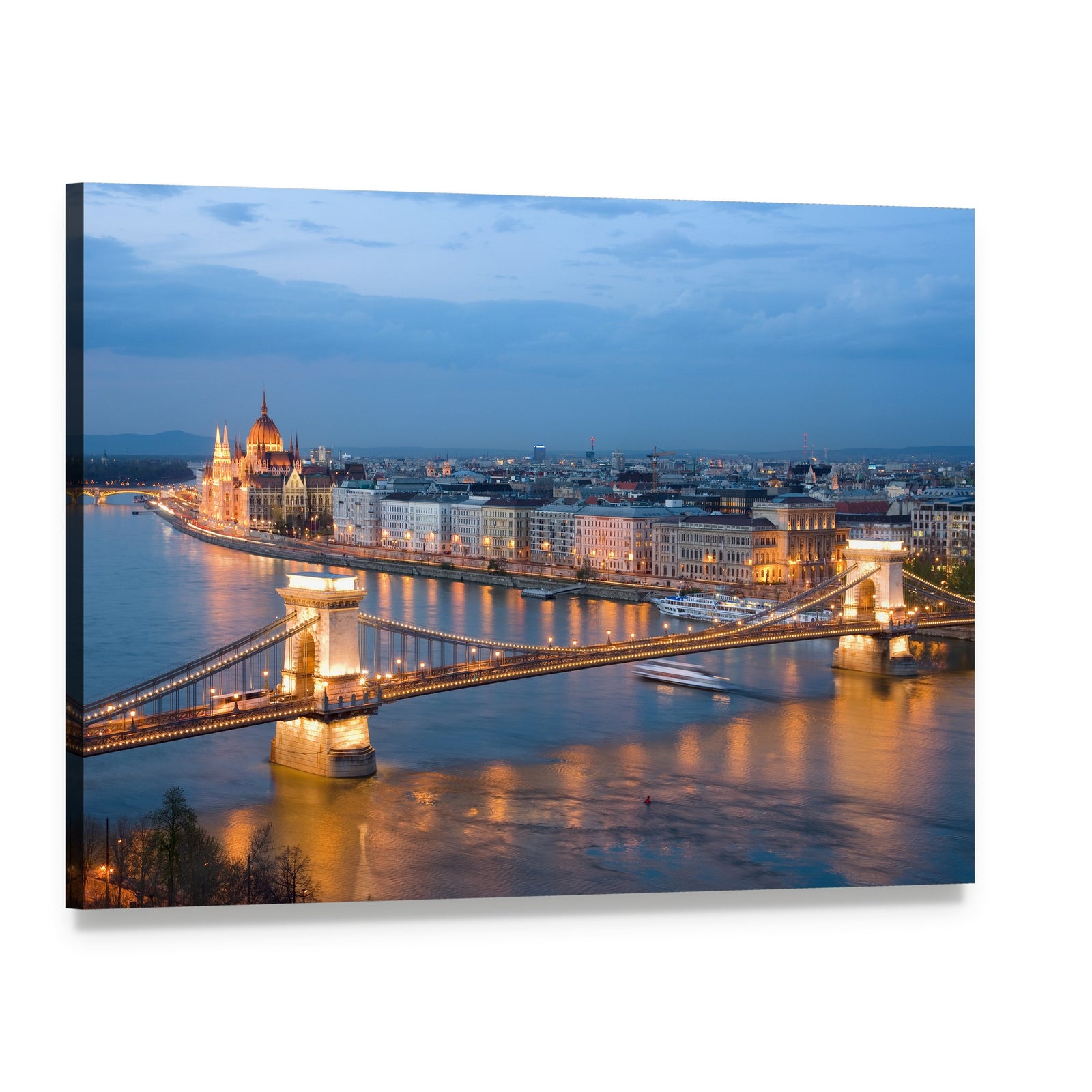Budapest Chain Bridge at Evening Canvas Wall Art, single panel gallery wrapped canvas, angled product view