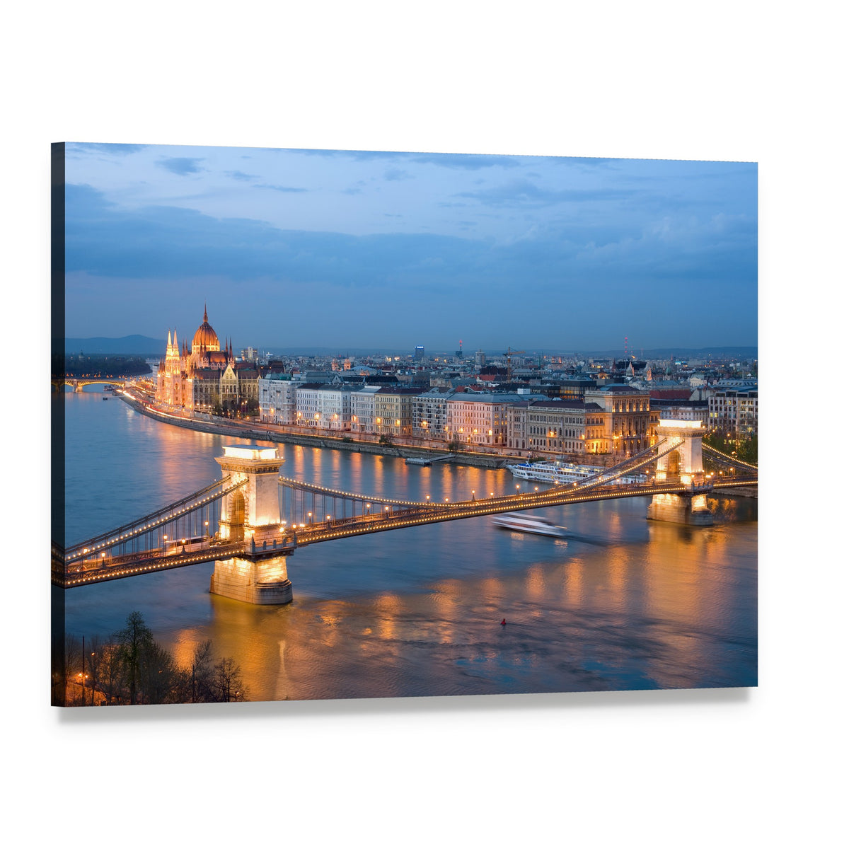 Budapest Chain Bridge at Evening Canvas Wall Art, single panel gallery wrapped canvas, angled product view