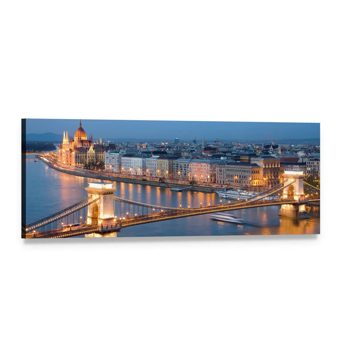 Budapest Chain Bridge at Dusk Panoramic Canvas Wall Art, single panel gallery wrapped canvas, angled product view
