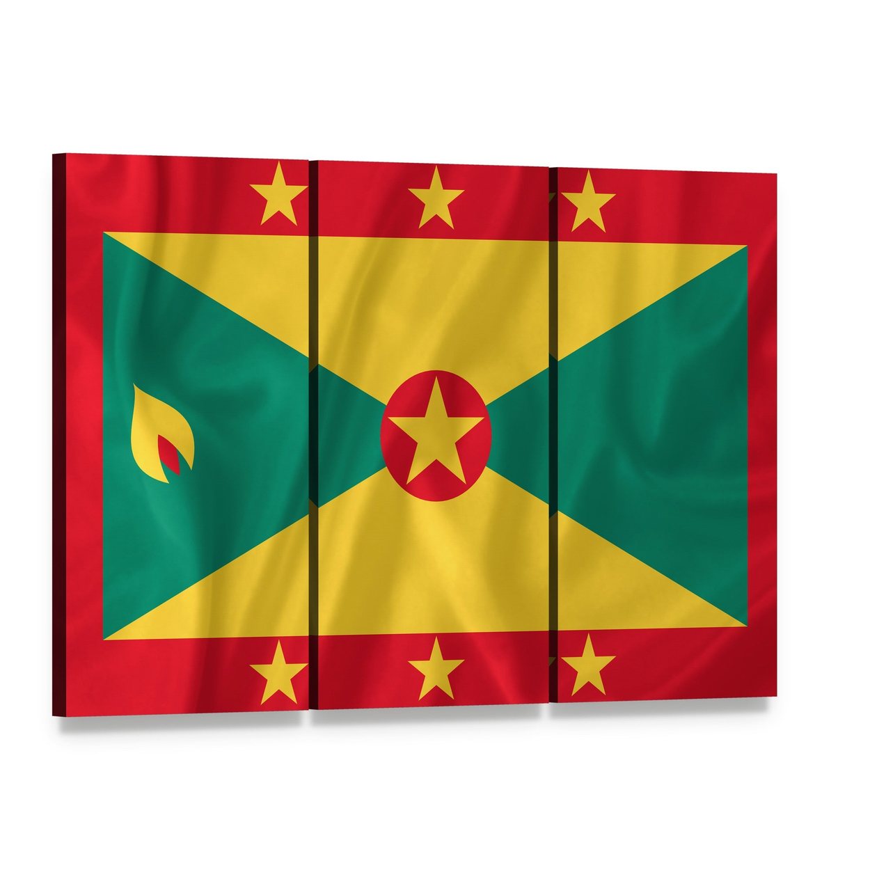 Waving Grenada Flag Canvas Wall Art, 3 panel 3 Horizontal layout gallery wrapped canvas set, angled product view