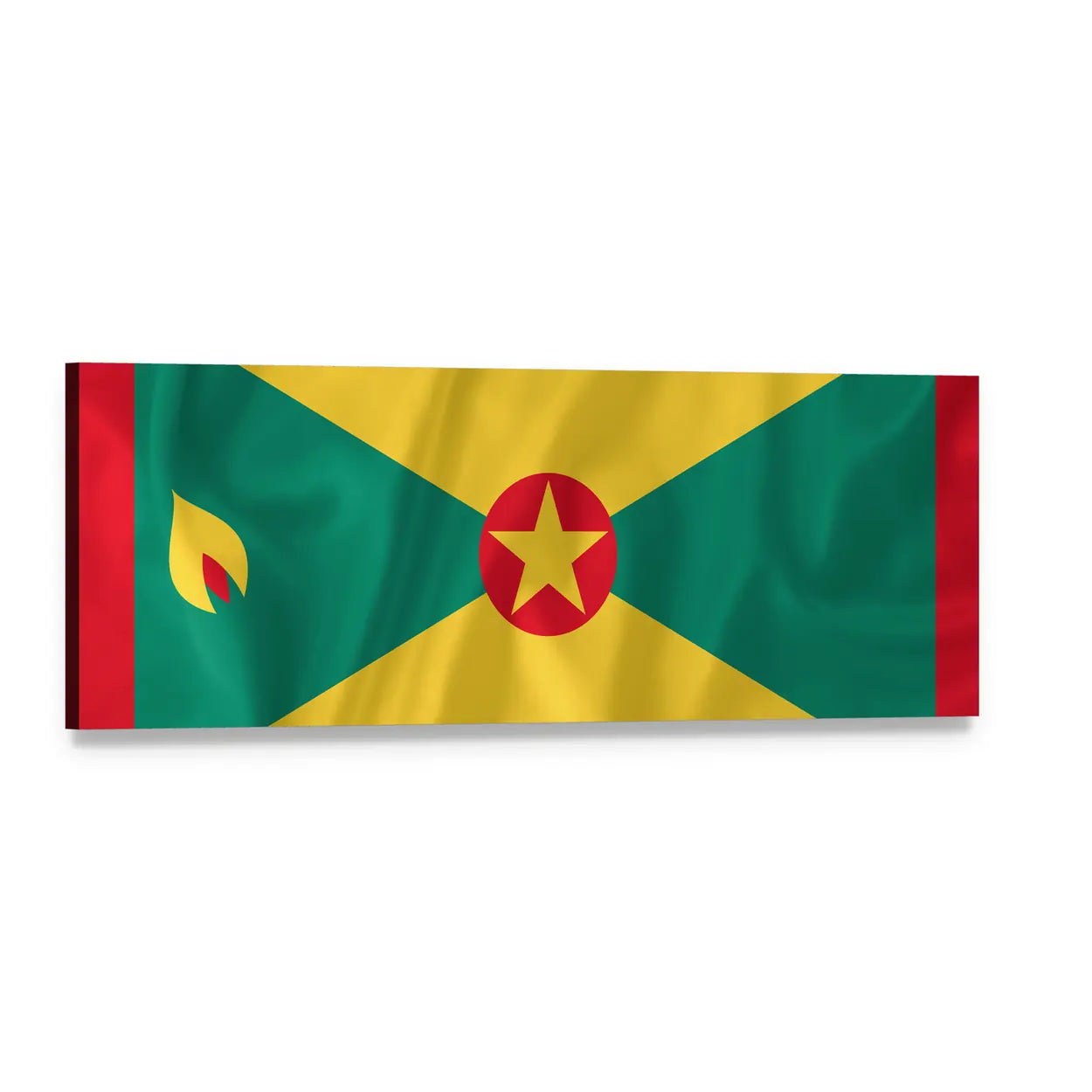 Waving Grenada Flag with Nutmeg Symbol Panoramic Canvas Wall Art, single panel gallery wrapped canvas, angled product view