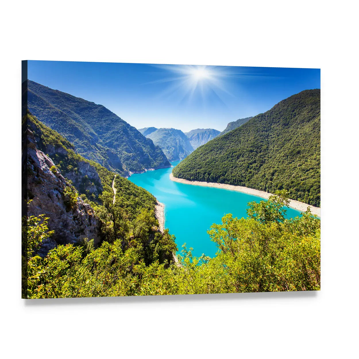 Piva Canyon Reservoir and Turquoise River Canvas Wall Art, single panel gallery wrapped canvas, angled product view