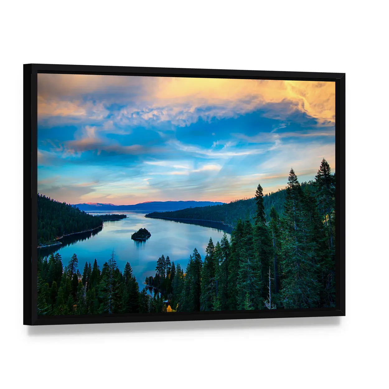 Lake Tahoe Sunset Over Island Canvas Wall Art, framed canvas in a black floater frame, angled product view
