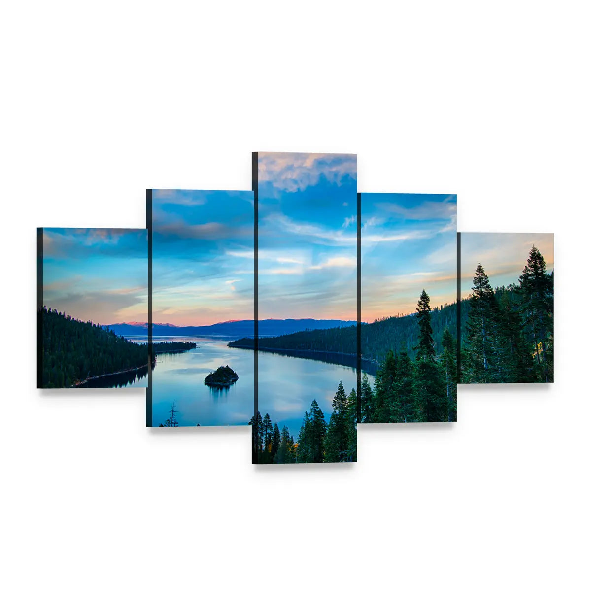 Lake Tahoe Sunset Over Island Canvas Wall Art, 5 panel 5 Star layout gallery wrapped canvas set, angled product view